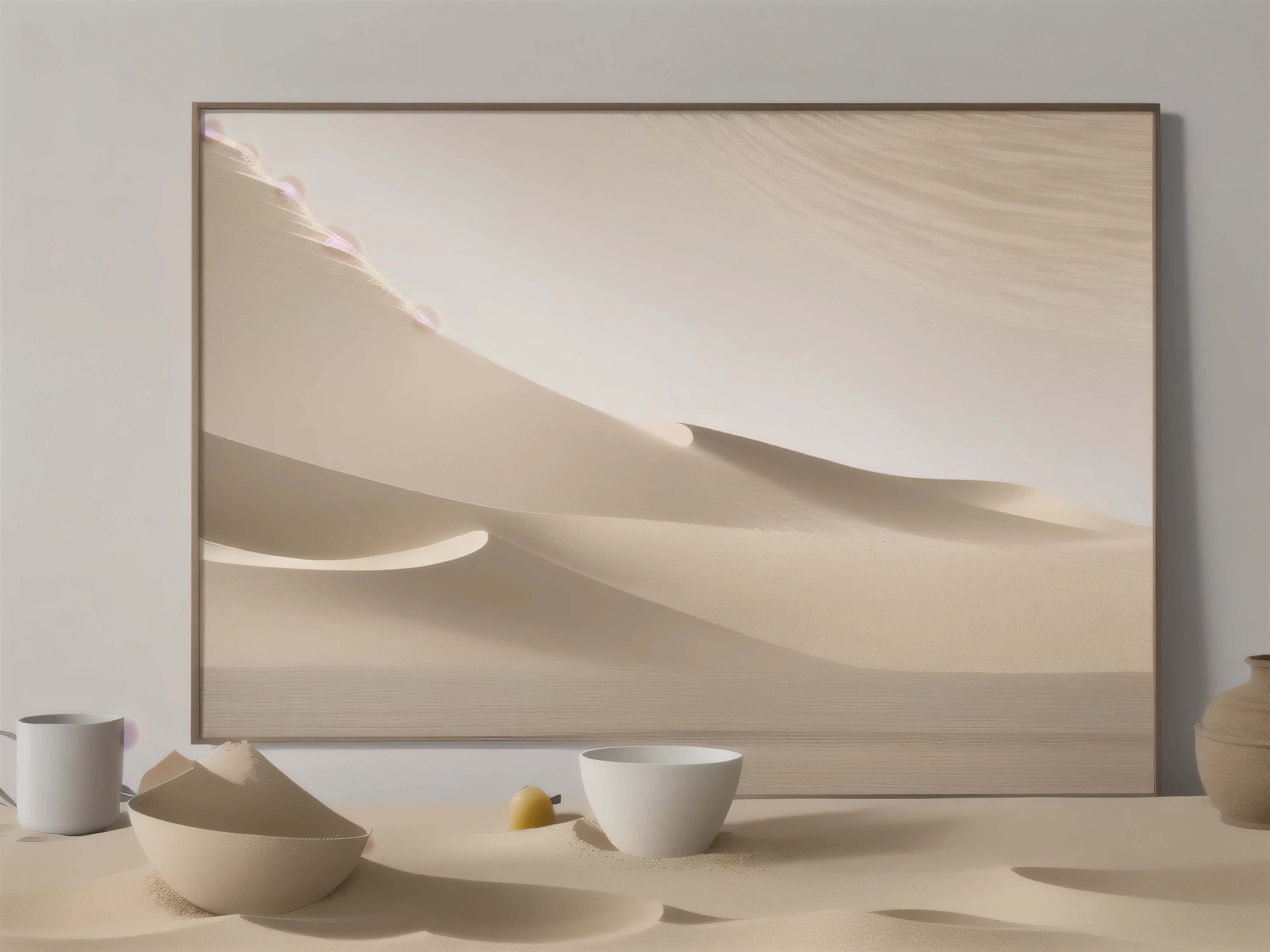 Close-up of the table，There was a bowl of fruit on the table, Canvas Art Prints, Sand color walls, sand spin, Carved marble texture silk cloth, Sand color, soft sand coastline, dune, White sand moon landscape, extremely fine sand, sand and sea, sand desert, Textured Canvas, sand desert fantasy, Blowing sand