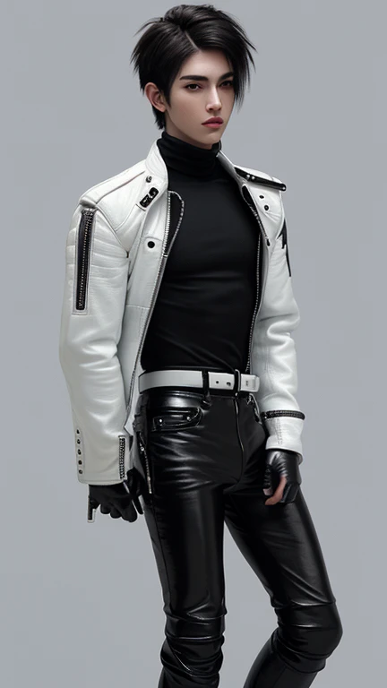 Final Fantasy-style graphics, young, Cute and cool Japanese boys, Thin eyebrows and big eyes, He is wearing a shiny white single-breasted leather jacket.......。Biker style leather jacket、 with epaulettes, The jacket is zipped up, The jacket pockets are black., The jacket has a high stand-up collar with a belt, Also wearing a black turtleneck, black leather pants, Thin black leather gloves on both hands, Black leather knee-high lace-up boots, Show me your whole body from head to toe, Final Fantasy Style、((good looking))、((good looking))、((Clear eyes and nose))、((Shiny white single leather jacket))、((The jacket must be white))、((The jacket has epaulettes))、((Jacket has a high stand-up collar and belt))、((The jacket has a black pocket))、((Black turtleneck shirt))、((black leather pants))、((Always wear shiny black leather gloves on both hands))、(((The gloves are not fingerless))、((Black lace-up leather long boots))、((View full-body images from a distance))、Realistic image quality and texture、In a small cell、close your eyes、A kind smile、((The jacket is closed with a zipper))、((No exposed skin below the neck))、((Round face)、((Short Hairstyles))、((Standing upright))