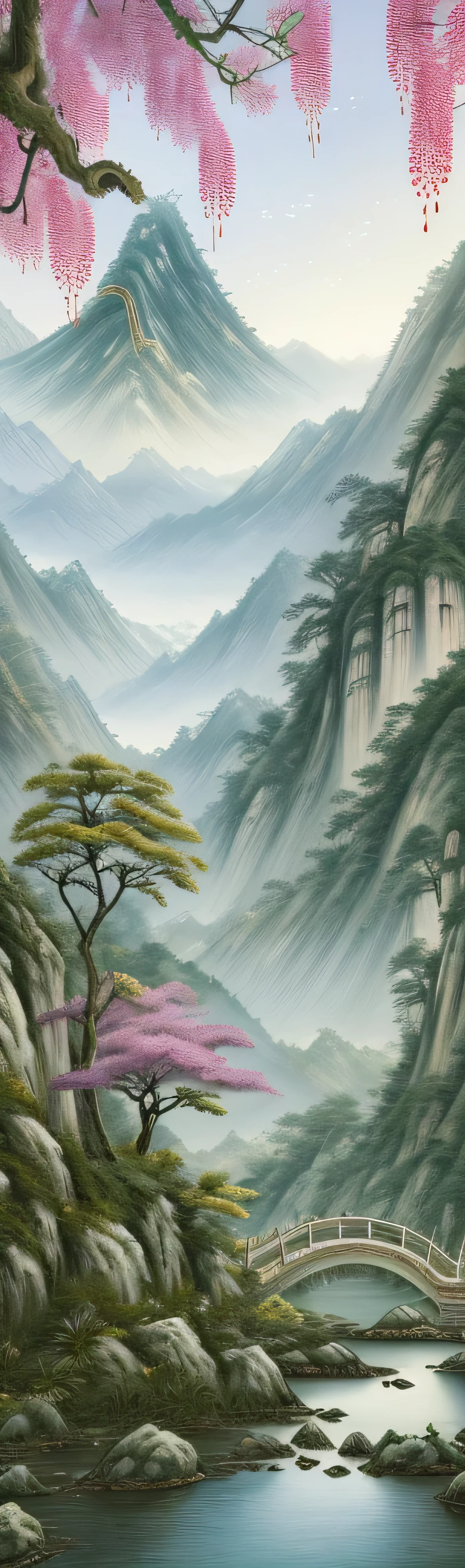 Ancient Chinese Ornate Embroidery Silk Art，Chinese，Chinese Zen Tea Culture and Art，Chinese art style，Ink blending，Fresh tones，There are several white orchids in the white jade vase，Money Line Embroidery，In line with ancient Chinese aesthetics，（masterpiece，high quality，Highest image quality），Chinese classical cultural symbols，rich，noble，Chinese style，Chinese style beauty，Money、Jade jewelry，Background of auspicious clouds and beautiful river and mountain scenery，Ink blending，Light particle effects，Large game CG scenes，The majestic momentum of oriental aesthetics，Auspicious and festive meaning，Otherworldly atmosphere，Stunning graphics，Fine details，Large commercial style，Classical Chinese art，High-definition images，16K，blur background，In-depth view，oc rendering，Breathtakingly beautiful，Majestic beauty，The art of quiet elegance，HD Digital Art，Stunning illustrations，Chinese elements，The perfect combination of fantasy and reality，The picture is rich in layers，Light Painting Blooms，Light particle rendering，Surreal，bright, Romantic and beautiful lights，Soft warm light，beautiful art，Ultra HD 8K，Stunningly beautiful wallpaper background artwork，8k Fine, 8k HD wallpaper illustration，Highly detailed digital art