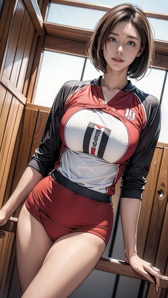 8k, RAW Photos, highest quality, masterpiece, Realistic, Photorealistic, (1 Ultimate beauty), 21 years old, Highly detailed face, (Perfect Teeth), Detailed eyes, double eyelid, eyelash, Grin, Lip details, brunette bob, Natural Breasts, ((sexy japan volleyball uniforms)), Soft Light, ((Written boundary depth)) 、Shot in the back、Total、Stick your butt out、With legs open、Slender body、Inverted nipples, volleyball coat,
