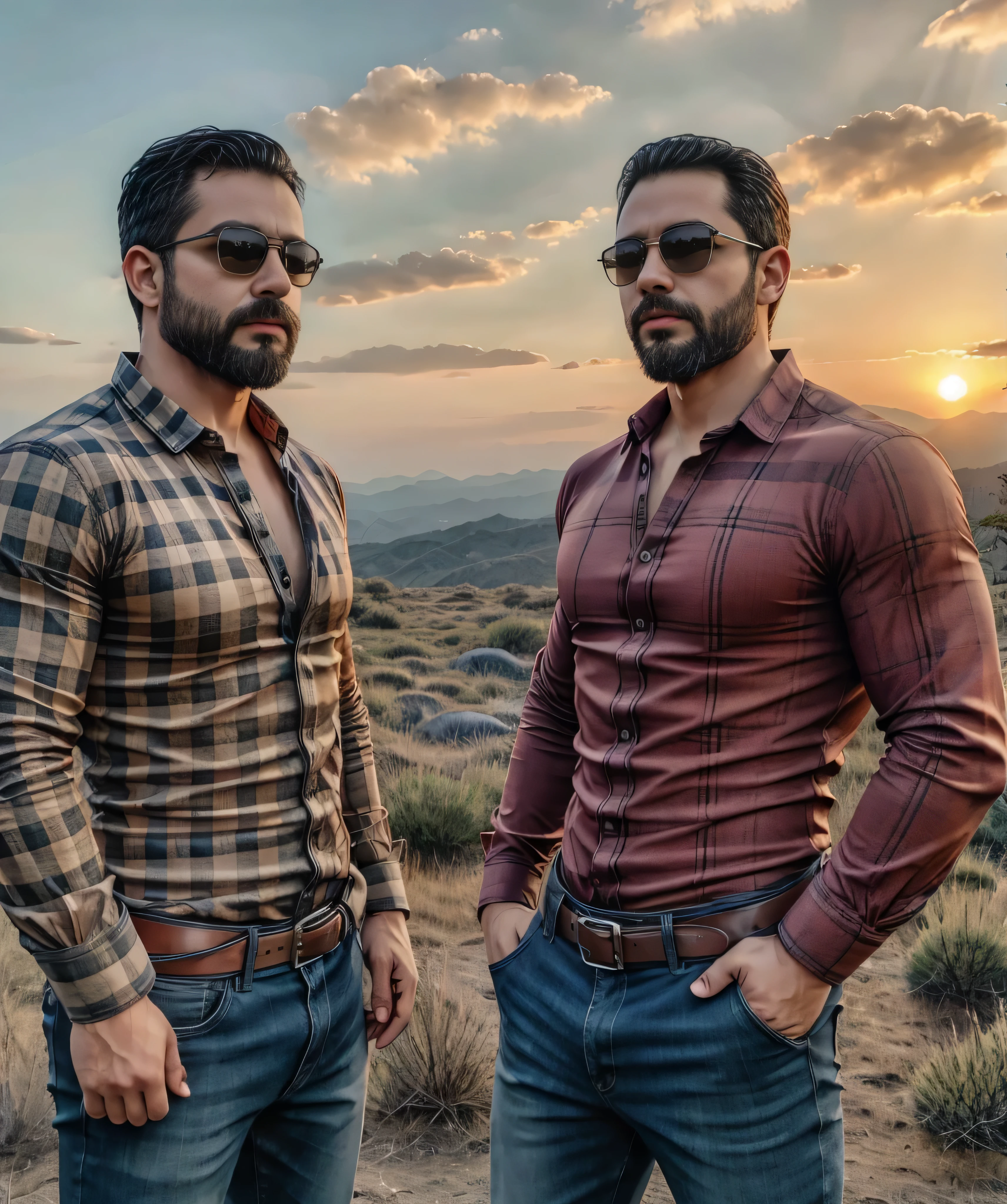 Obra maestra, desenfoque de campo, Parte superior del cuerpo, Hands in pants pockets , Two 38 year old men with beards and square sunglasses... Men dressed in a plaid shirt at an action movie in Japan with a sunset in the background.