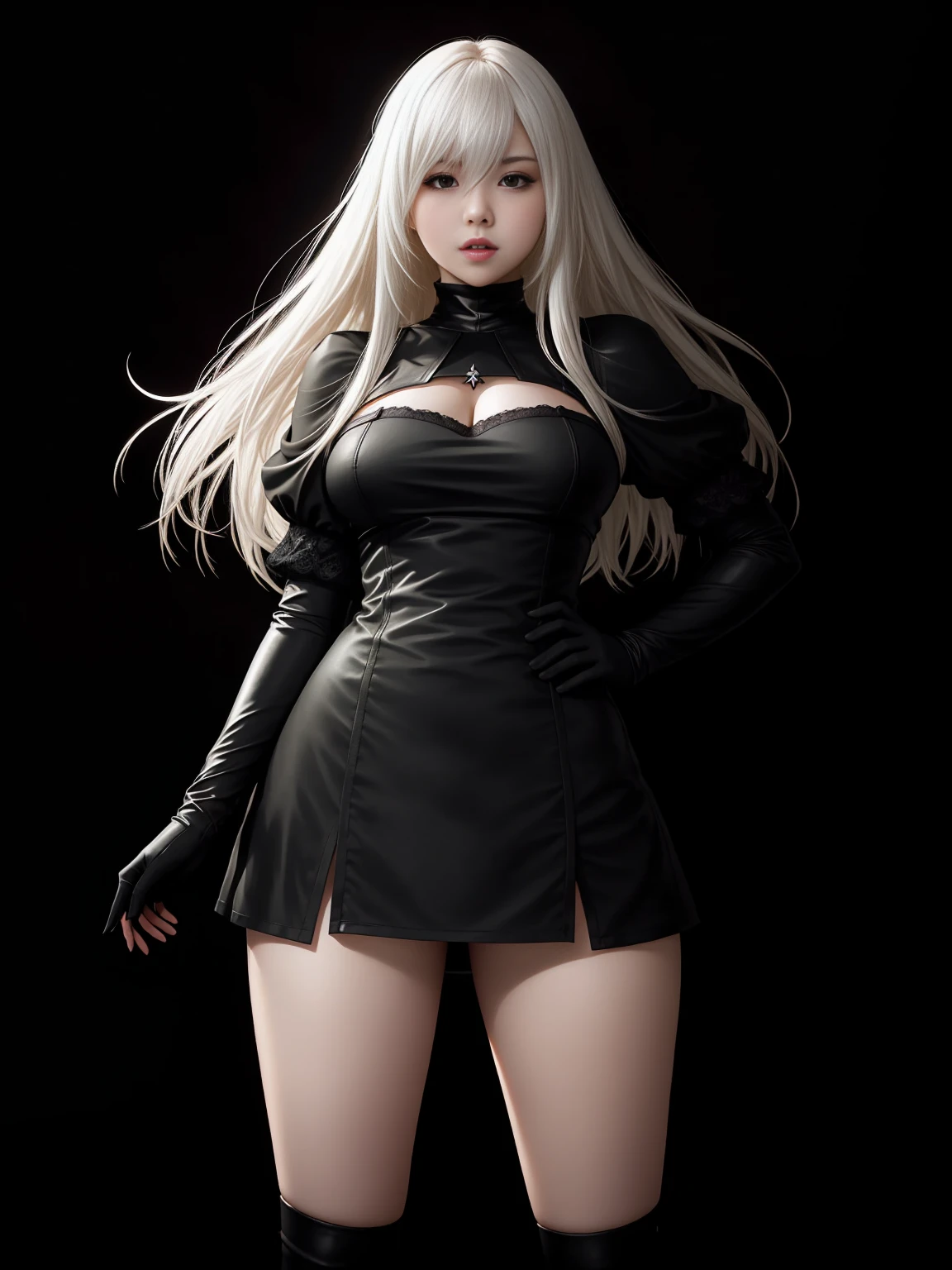 there is YoRHa No. 2 Type B , alluring expression, very bold, upper visible, full body photo, standing legs apart, pale translucent glowing skin, most beautiful face, cute, (well defined pubic hair:1.2)), (dark plain black background:1.4))