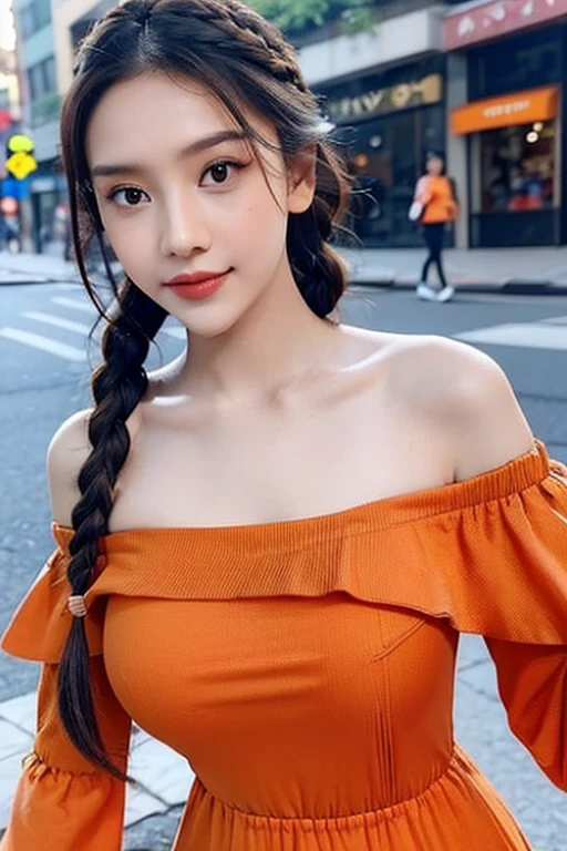 a woman posing on the street corner with orange dress on, best quality, 1girl, large breast, day, bright, blur background, bokeh, outdoor, (street:0.8), (people, crowds:0.8), (off-shoulder dress:1.2), gorgeous, (braided bangs:1.2), beautiful detailed sky, (dynamic pose:1.2), soft lighting, wind, shiny skin, (upper body:0.8), (freckles:0.8), mole under mouth,