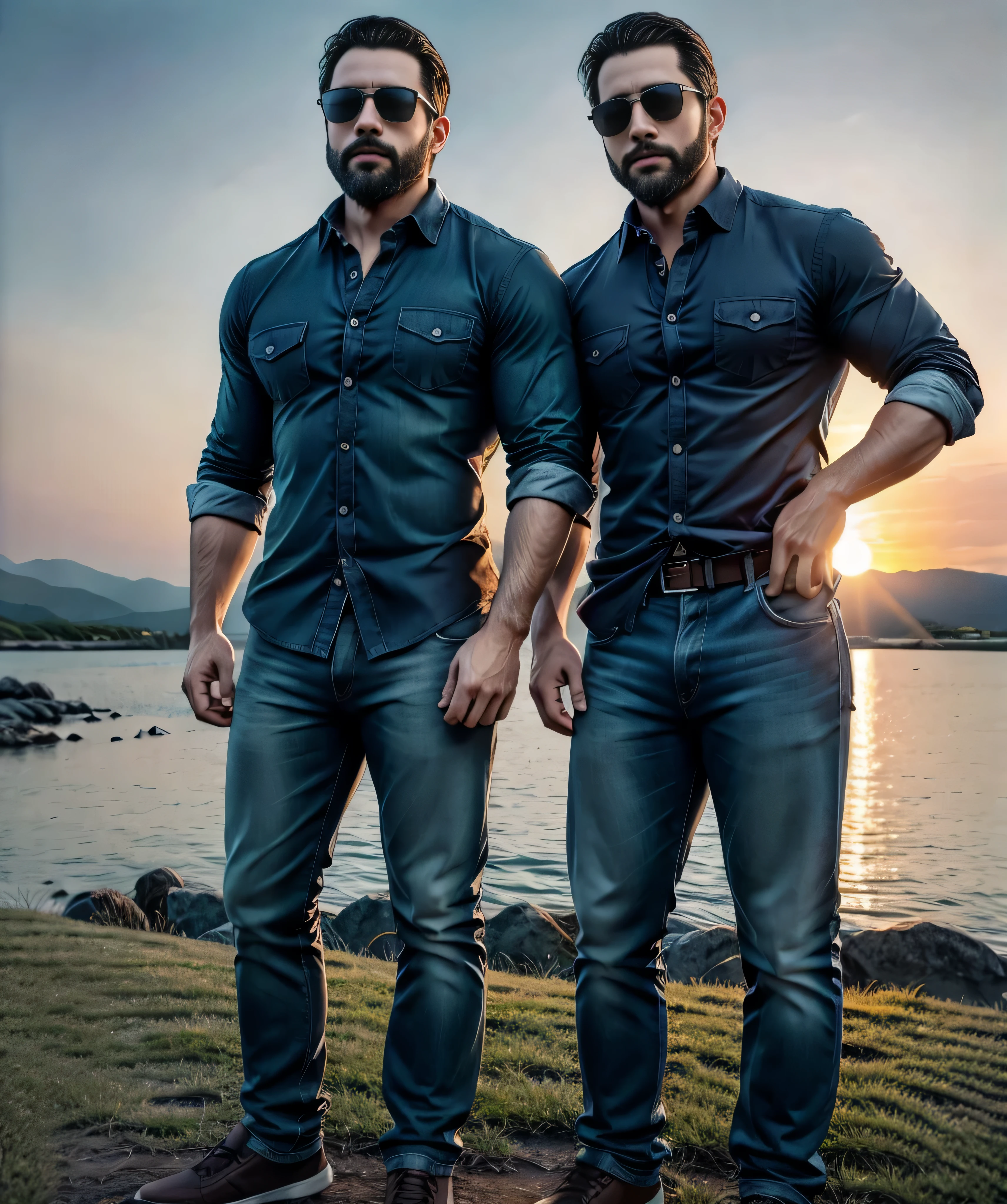 Obra maestra, desenfoque de campo, Parte superior del cuerpo, Hands in pants pockets , Two 38 year old men with beards and square sunglasses... Men dressed in a plaid shirt at an action movie in Japan with a sunset in the background.