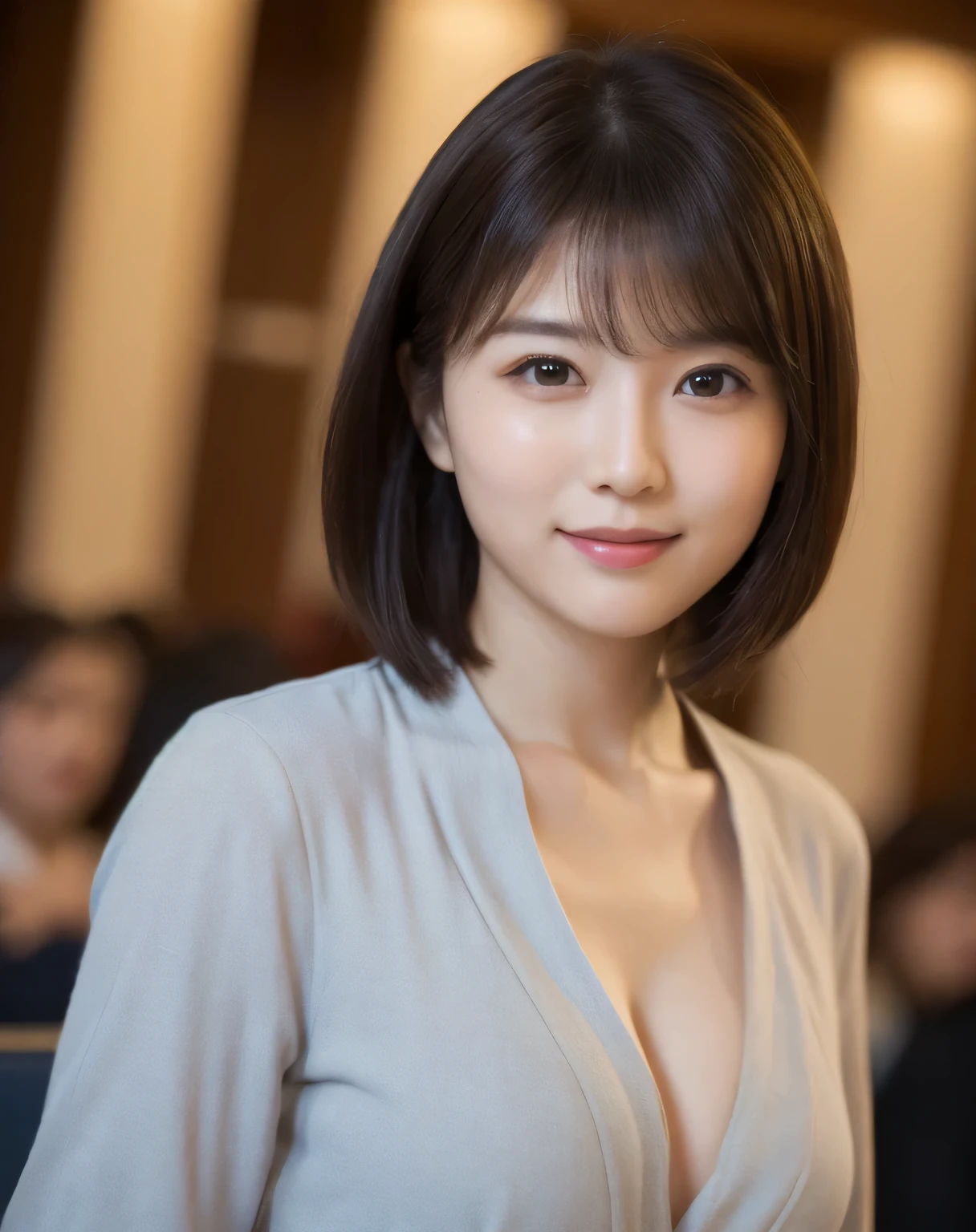 ((Real Photo:1.5)),Realistic、live-action、Real people photos、Cleavage、Real Face、Cute Smile、looking at the camera、Staring at the audience、(highest quality, 8k, 32k, masterpiece, Ultra-high resolution:1.3),Attractive Japanese women photos, One girl, (Slim figure, Perfect body :1.2), Medium Short Hair: 1.1, (Light-colored casual clothing: 1.1), (indoor, night :1.2), Turn back, look back, Highly detailed face, Detailed lips, Fine grain, double eyelid