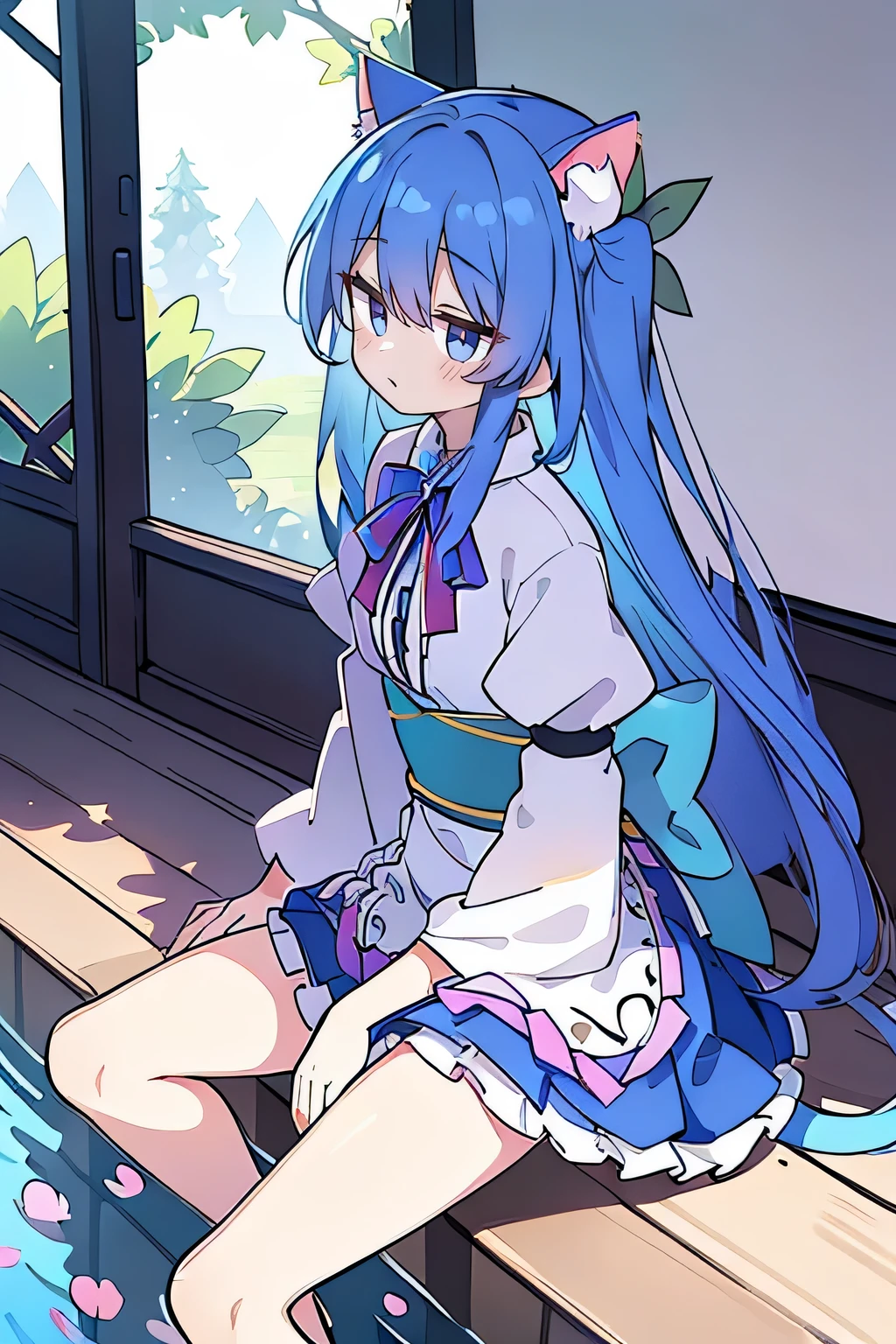 (masterpiece:1.2),ultra-detailed,realistic,expressive eyes,fair-skinned,perfectly shaped face,1girl,
Japanese cartoons,Gorgeous blue hair, flowing blue hair,floating clothes,cat ears,petals falling,beautiful Lola,Hina Angel,
hands on waist,gracefully sitting on the ground,legs crossed,gentle and serene background,cool and comfortable pavilion.