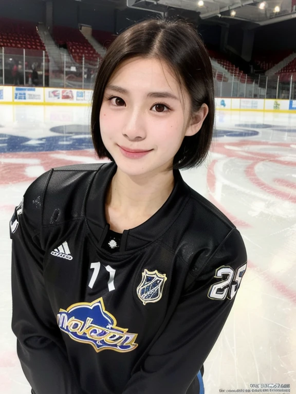 (kawaii 24year-old Japanese girl, Nogizaka idol, Korean idol), female ice hockey player, (glossy black hair, very short hair:1.3), (rounded face, black eyes, single eyelid, no makeup, soft smiling:1.2), (wearing long sleeved ice hockey jersey:1.5), ice hockey gloves, ice hockey helmet, (flat chest, extra small breasts:0.8), (looking at viewer:1.2), BREAK, (skating at ice skate arena, active atmosphere:1.3), (view from forward, bust shot, face focus:1.3), BREAK, (masterpiece, best quality, photo realistic, official art:1.4), (UHD, 8K quality wallpaper, high resolution, raw photo, golden ratio:1.3), (shiny skin), professional lighting, physically based rendering, award winning, (perfect anatomy, highly detailed skin, extremely detailed face and eyes:1.2), Carl Zeiss 300mm F/2.8, depth of field, 1girl, solo, nhl player, national hockey league player,