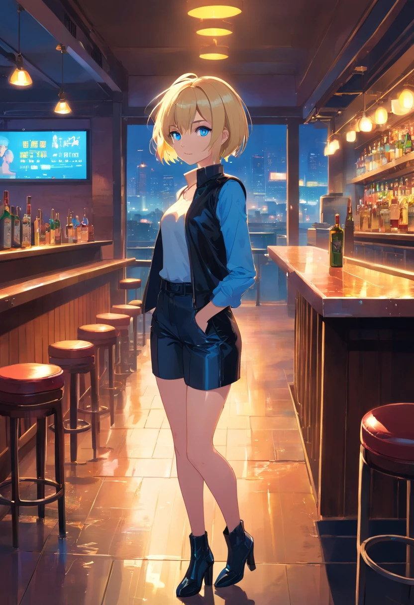  Women, ((Blonde)), ((Blue eyes)), ((Short hair)), ((Full Body)), stand in a bar with black latex suite and sleeveless t-shirt that falls from one shoulder, high heels boots, night wet floor