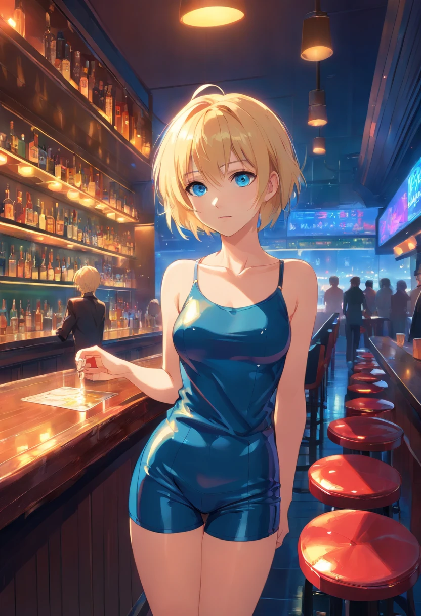 Women, ((Blonde)), ((Blue eyes)), ((Short hair)), ((Full Body)), stand in a bar with black latex suite and sleeveless t-shirt that falls from one shoulder, high heels boots, night wet floor