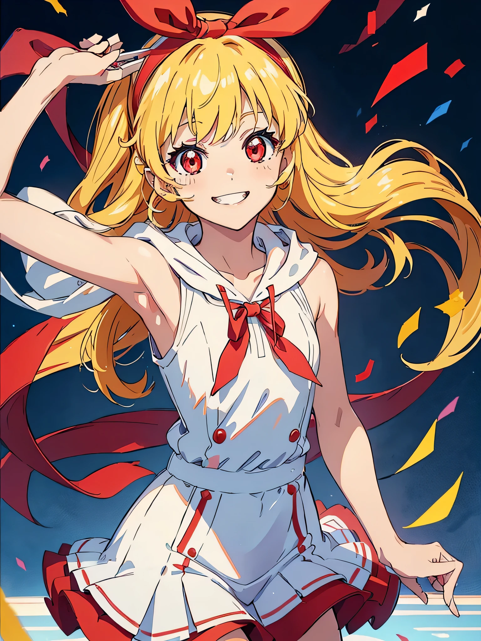 (red ribbon on hairband:1.2),(8K, best quality, muste piece:1.2)、ultra high resolution,1 very cute girl,hosimiya ichigo,ultra-detailed face, detailed eyes,RED eyes,smile, grin, happy,,masterpiece, best quality, extremely detailed, 1 girl, hoodie:1.8,Sleeveless:1.8, confetti1 girl,