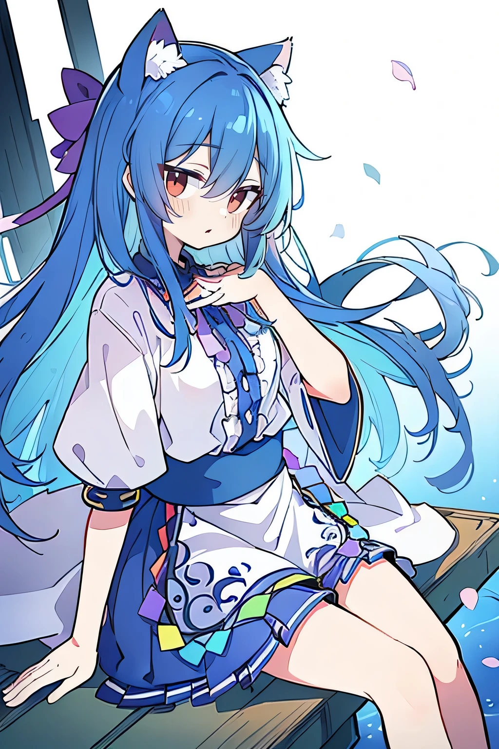(masterpiece:1.2),ultra-detailed,realistic,expressive eyes,fair-skinned,perfectly shaped face,1girl,
Japanese cartoons,Gorgeous blue hair, flowing blue hair,floating clothes,cat ears,petals falling,beautiful Lola,Hina Angel,
hands on waist,gracefully sitting on the ground,legs crossed,gentle and serene background,cool and comfortable pavilion.