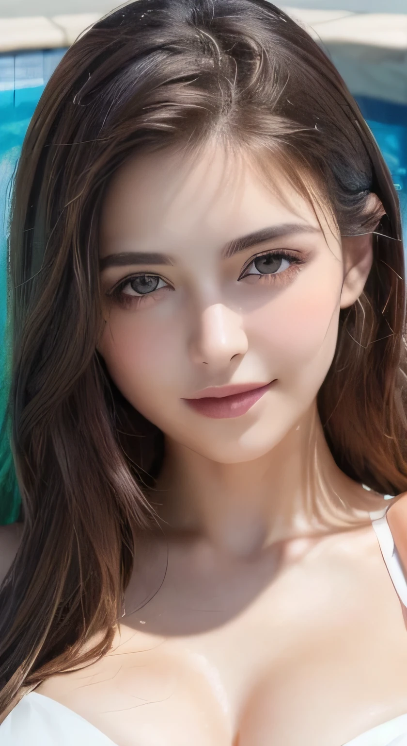 ((Realistic lighting, highest quality, 8k, masterpiece: 1.3)), Clear focus: 1.2, One Girl, Perfect beauty: 1.4, Slim Abs: 1.1, ((Dark brown hair)), nude、Take off your clothey chest is sticking out、 Poolside, Very beautiful face, Beautiful Eyes, double eyelid,smile、Big Breasts、Cleavage
