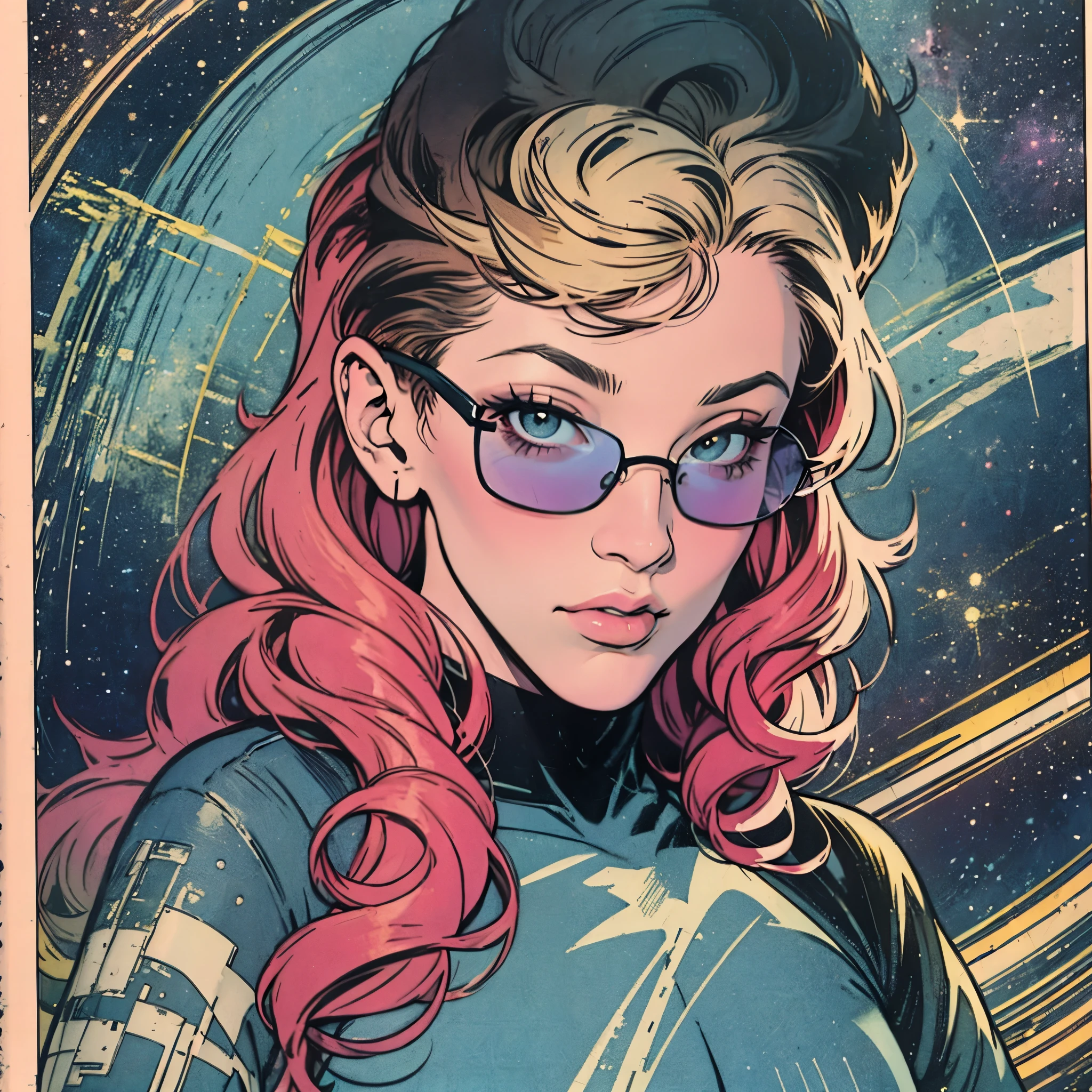 ultimate best quality,beautiful woman,speech bubble,big brest,galaxy,60s,70s,80s,colorful,cosmo,space,sunglass