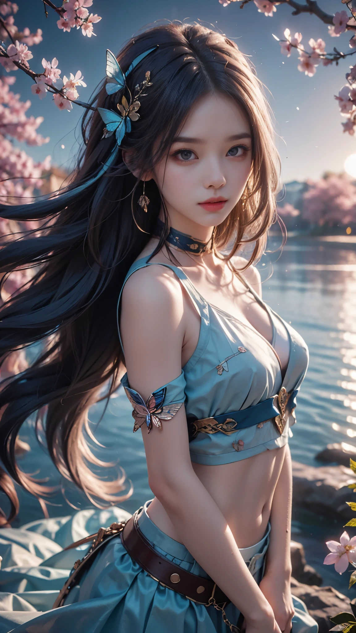 8K, ultra hd, masterpiece, 1 girl, perfect face, very long curly hair, detailed eyes, simple clothing, gradient blue clothing, bare waist, jwellery, waterside, Realistic scenery, epic scenery, sun rising, evening, clouds, Butterfly, cherry blossom, blowing wind,