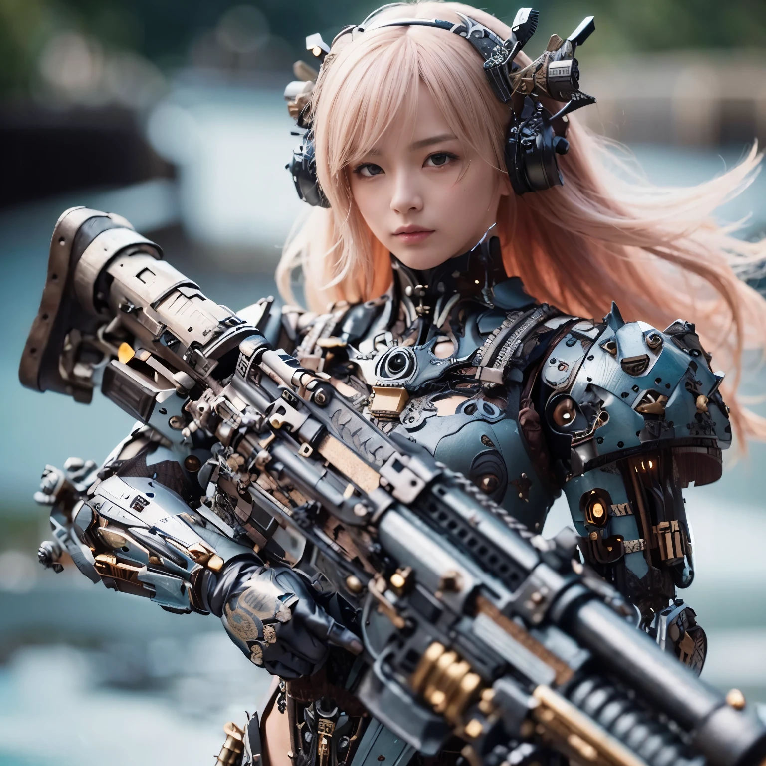 (masterpiece, best quality:1.2), (8k uhd, 16k, 32k, ultra high res), (photorealistic:1.37), (RAW photo), ultimate-realistic, ultimate-realistic details, ultimate-realistic texture, ultimate-intricate details, ultimate-realistic lighting, ultimate-realistic shadow, japanese girl, ultimate-cute face, ultimate-RAW skin, ultimate-realistic eyes, A pretty woman wearing a samurai armor type powered suit, mechanical, extremely intricate details, full body shot, ultimate photorealistic