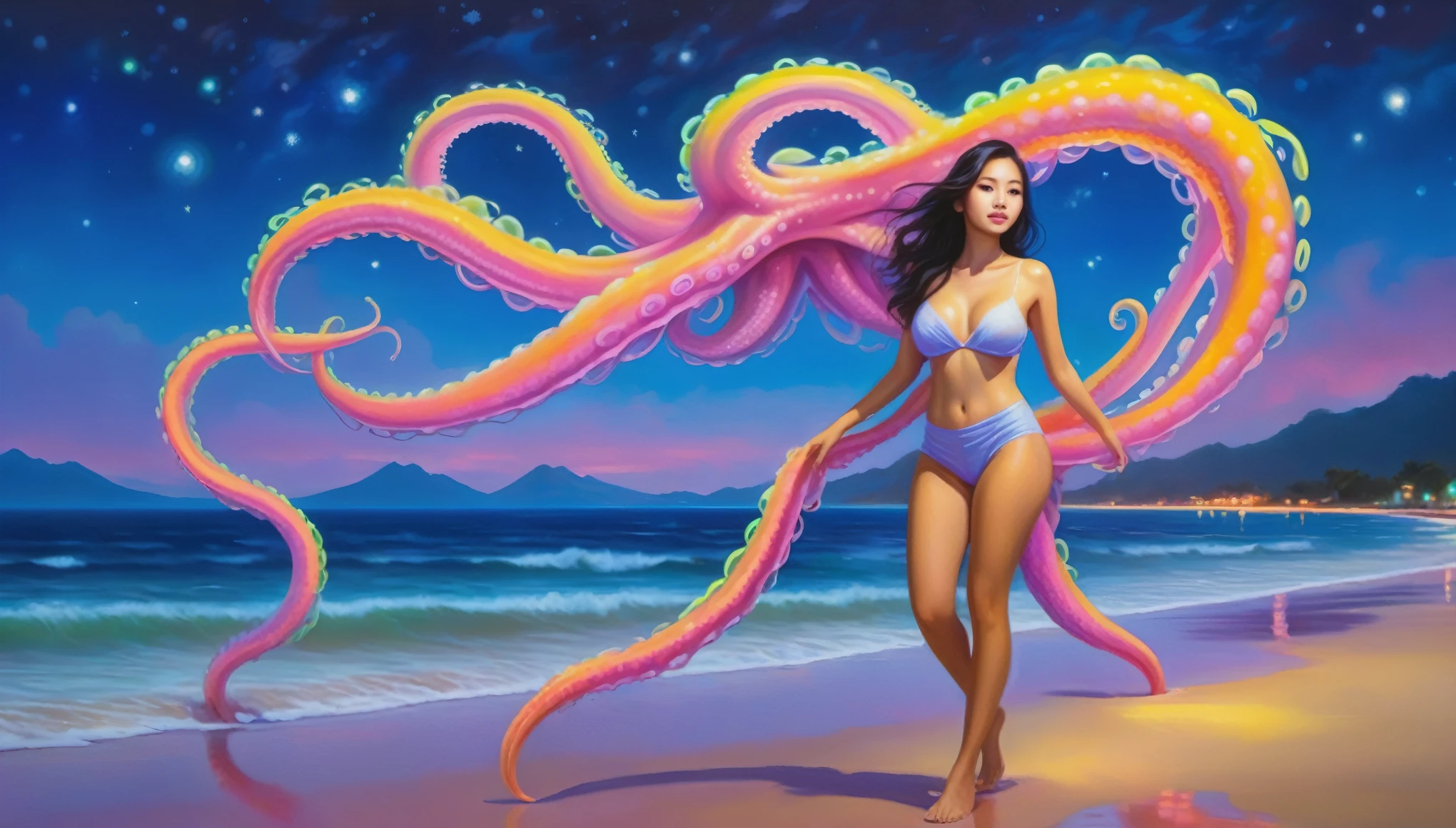 A stunning nubile Malaysian woman strolling, friendly fluorescent tentacle creatures, neon-lit beach, starry otherworldly sky, oil painting, best quality, ultra-detailed, photorealistic, vivid colors, portraits, warm and vibrant color palette, soft and diffused lighting.