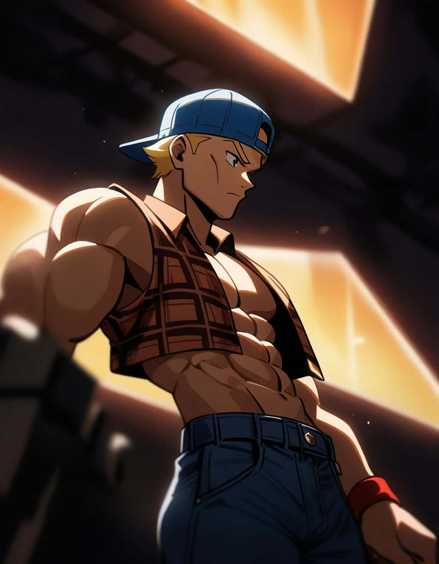 1guy, musclar, solo, blonde, backwards hat, open shirt, cropped shirt, red collared shirt, sleeveless shirt, brown plaid shirt, abs, blue baseball cap, jeans, red wristbands, very short hair, thick waist, upper legs, [[[[[[[[[[light shadow, cinematic lighting]]]]]]]]]], 1990s, VHS Quality