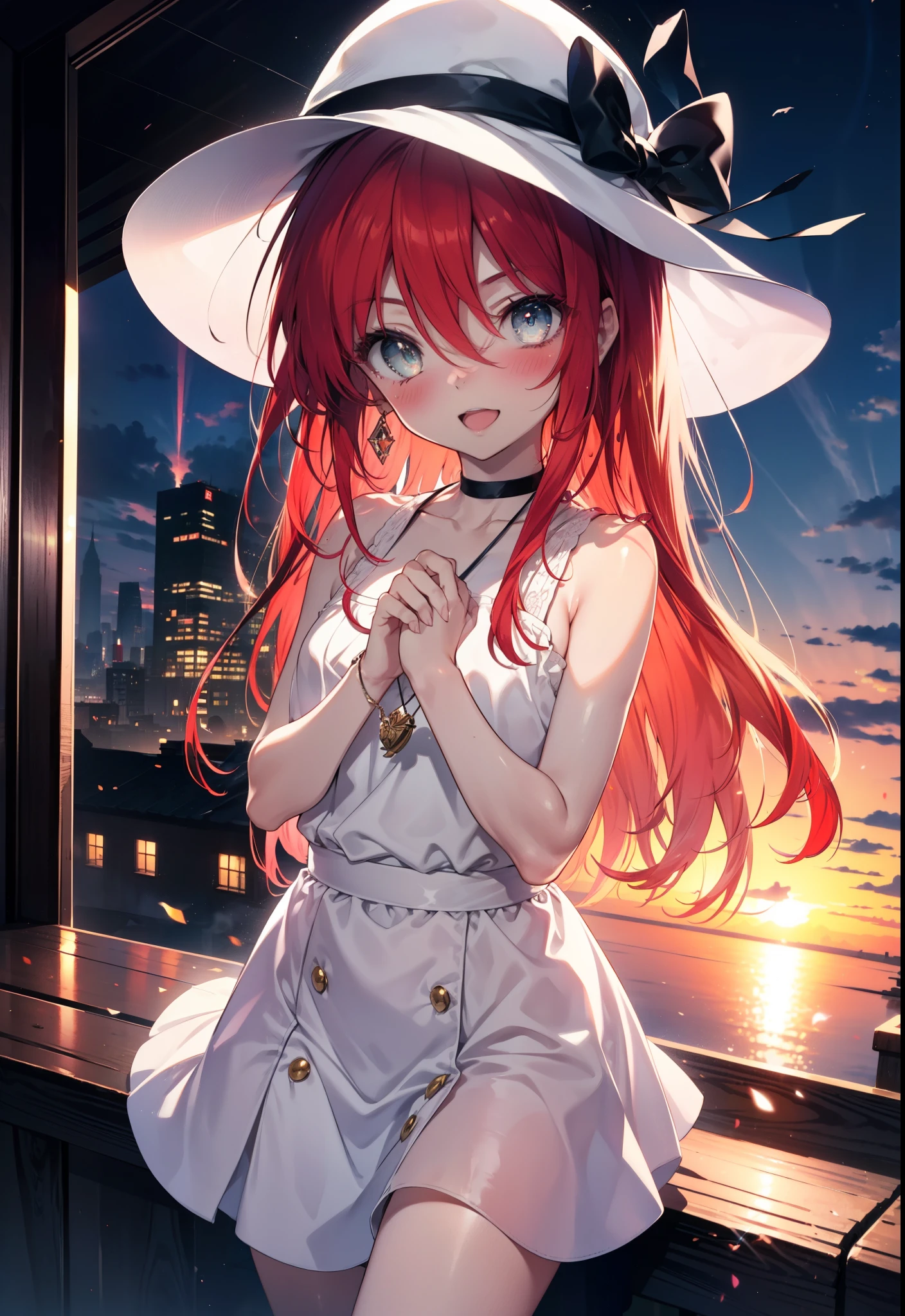 Shana,灼眼のShana,Ahoge,Long Hair,Red hair, Red eyes:1.5, Small breasts,smile,blush,Open your mouth,Sleeveless dress,Bare shoulders,bare clavicle,Bare neck,Rocket Pendant,White hat,Long skirt,Cute heeled sandals,Looking down from above,sunset,evening,The sun is setting,
break looking at viewer, (Cowboy Shot:1. 5)
break outdoors, City Street,Building district,
break (masterpiece:1.2), highest quality, High resolution, unity 8k wallpaper, (shape:0.8), (Fine and beautiful eyes:1.6), Highly detailed face, Perfect lighting, Highly detailed CG, (Perfect hands, Perfect Anatomy),