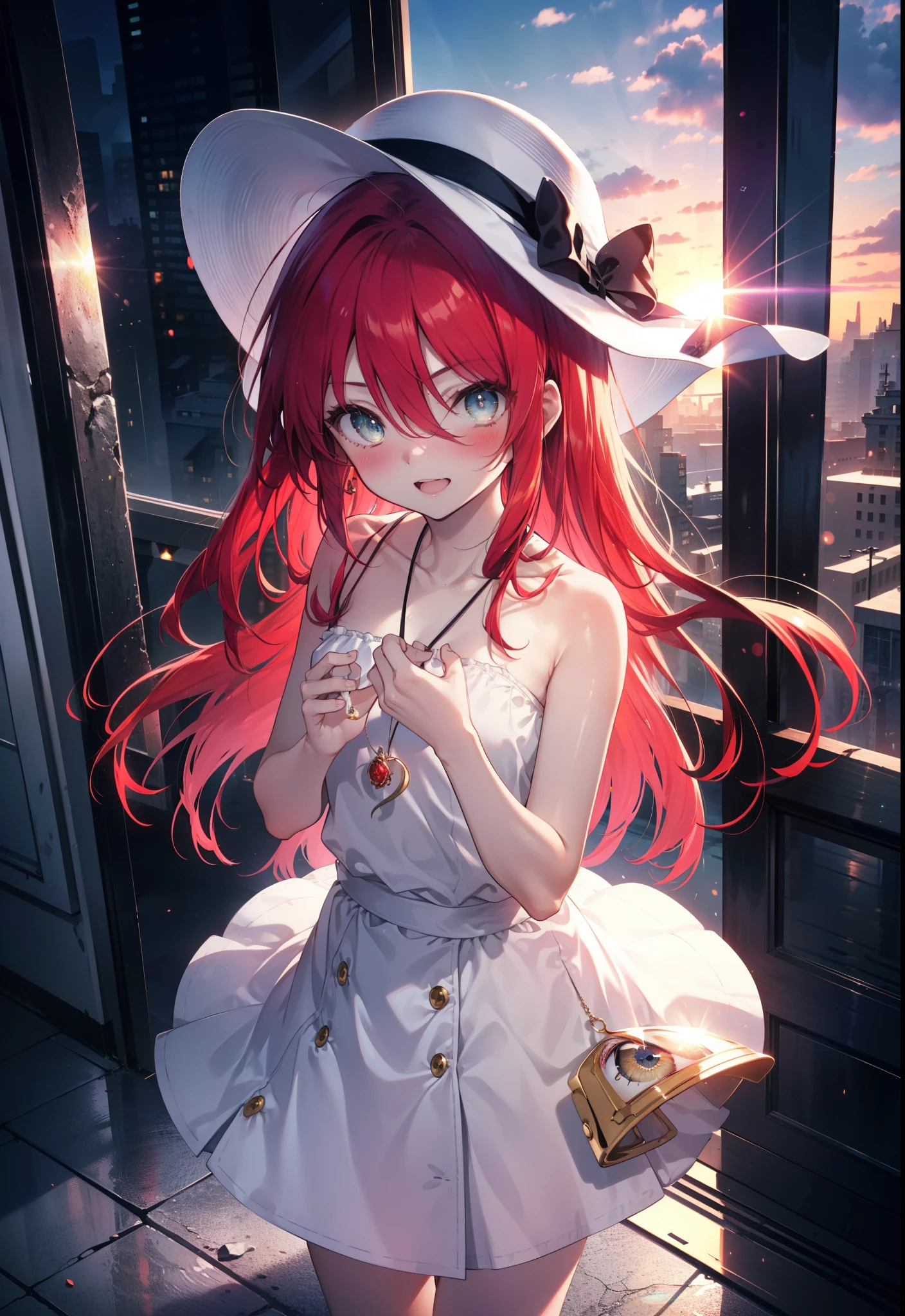 Shana,灼眼のShana,Ahoge,Long Hair,Red hair, Red eyes:1.5, Small breasts,smile,blush,Open your mouth,Sleeveless dress,Bare shoulders,bare clavicle,Bare neck,Rocket Pendant,White hat,Long skirt,Cute heeled sandals,Looking down from above,sunset,evening,The sun is setting,
break looking at viewer, (Cowboy Shot:1. 5)
break outdoors, City Street,Building district,
break (masterpiece:1.2), highest quality, High resolution, unity 8k wallpaper, (shape:0.8), (Fine and beautiful eyes:1.6), Highly detailed face, Perfect lighting, Highly detailed CG, (Perfect hands, Perfect Anatomy),