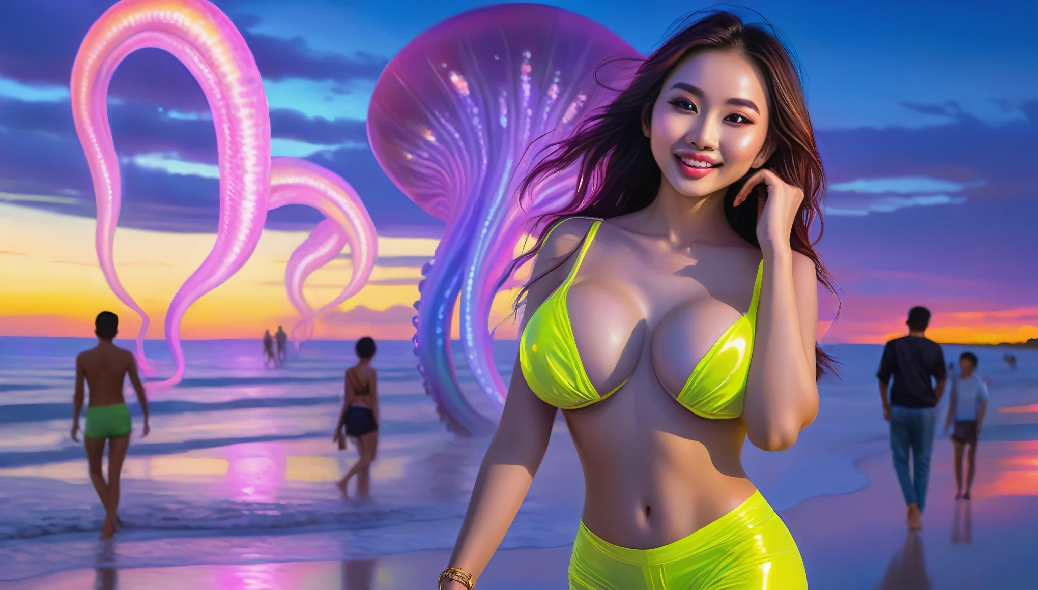 (A stunning nubile Malaysian woman, blessed proportions, seductive, dressed appropriate to the scene) nubile, strolling and very friendly with the locals (selfies, hugs, etc.), friendly fluorescent tentacle aliens locals, neon-lit beach, starry otherworldly sky, oil painting, best quality, ultra-detailed, photorealistic, vivid colors, portraits, warm and vibrant color palette, soft and diffused lighting.