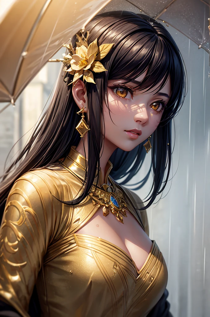 Gold tattoo of girl in the rain with gold earrings, Using VRay tracking style, Martin, Yumei, Pour out, close up, Dark white and gold, sketch, masterpiece, best quality,