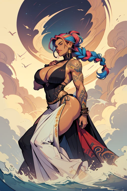 There is a curvaceous Hispanic woman (huge breasts, cleavage, braided hair, multicolored shaved side hairstyle) with Tribal tattoos all over her body and wearing a long flowing gown made of wind, clouds and fog, a beautiful artwork illustration, stunning digital illustration, Jen Bartel, exquisite digital illustration, tan and brown background, beautiful digital illustration, intricate digital painting, digital painting | intricate, highly detailed vector art, in style of digital illustration, gorgeous digital art, vector behance hd Jesper Ejsing, beautiful digital artwork