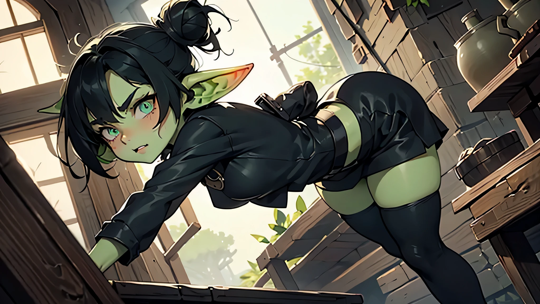 Best god quality, detailed, perfect anatomy, little goblin girl, girl in thief outfit, rouge, night house, it is night time, pointy ears, long ears, green skin, she has black hair, low angle, cute, big green eyes, looking at camera, black hair buns, black hair, green goblin, home interior, indoors, looking up, cute, adorable, Japanese, solo, emerald eyes, thief body suit, rogue outfit, at night, black clothes, shirt, clothed, socks, black hair, young, goblin, cute goblin, goblin girl, female goblin, standing, looking upward, thigh highs, black socks, mischievous look, excited expression, smug, (((SOLO))), (girl in middle)