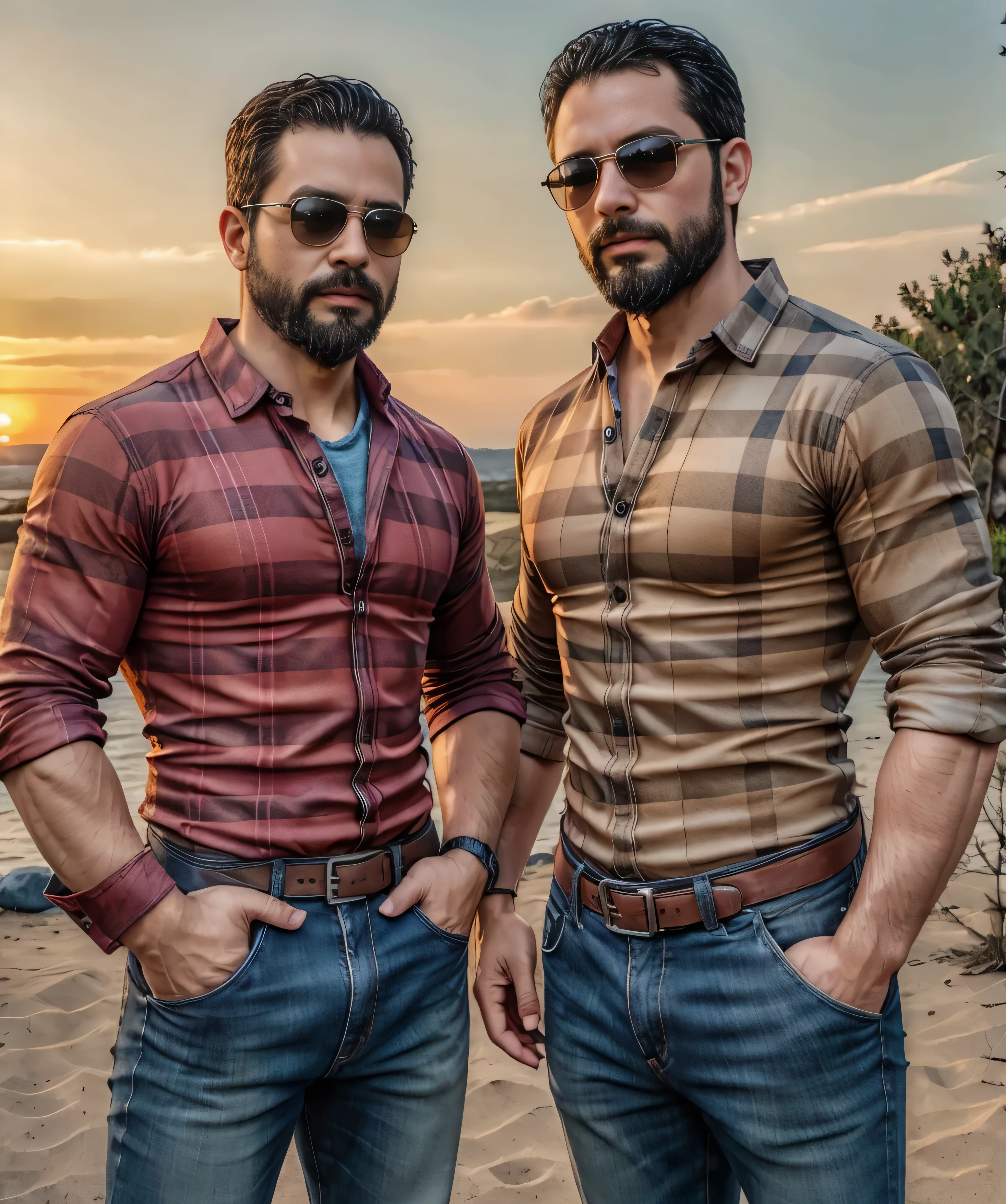 Obra maestra, desenfoque de campo, Parte superior del cuerpo, Hands in pants pockets , Two 38 year old men with beards and square sunglasses... Men dressed in a plaid shirt at an action movie in Japan with a sunset in the background.