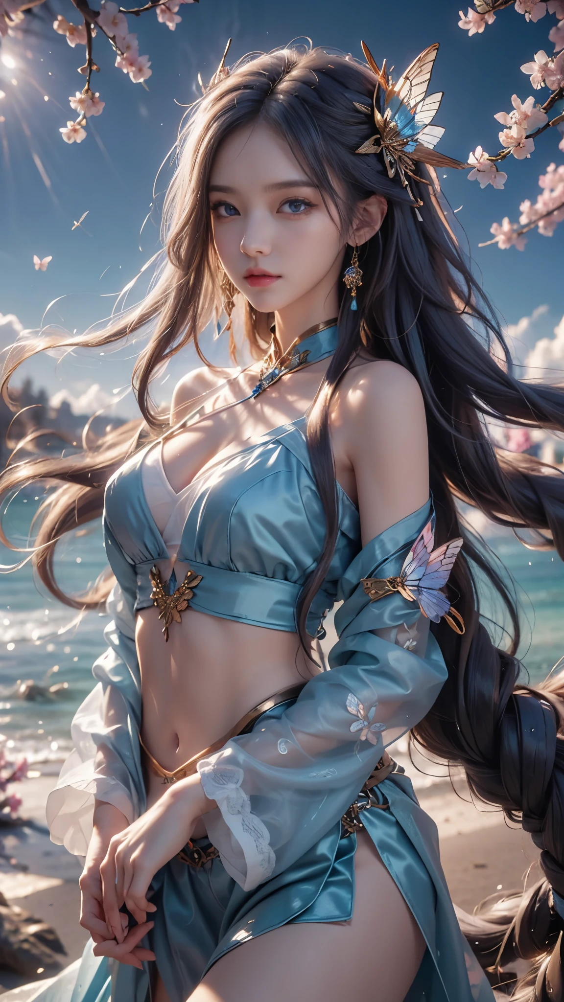 8K, ultra hd, masterpiece, 1 girl, perfect face, very long curly hair, detailed eyes, simple clothing, gradient blue clothing, bare waist, jwellery, waterside, Realistic scenery, epic scenery, sun rising, evening, clouds, Butterfly, cherry blossom, blowing wind,