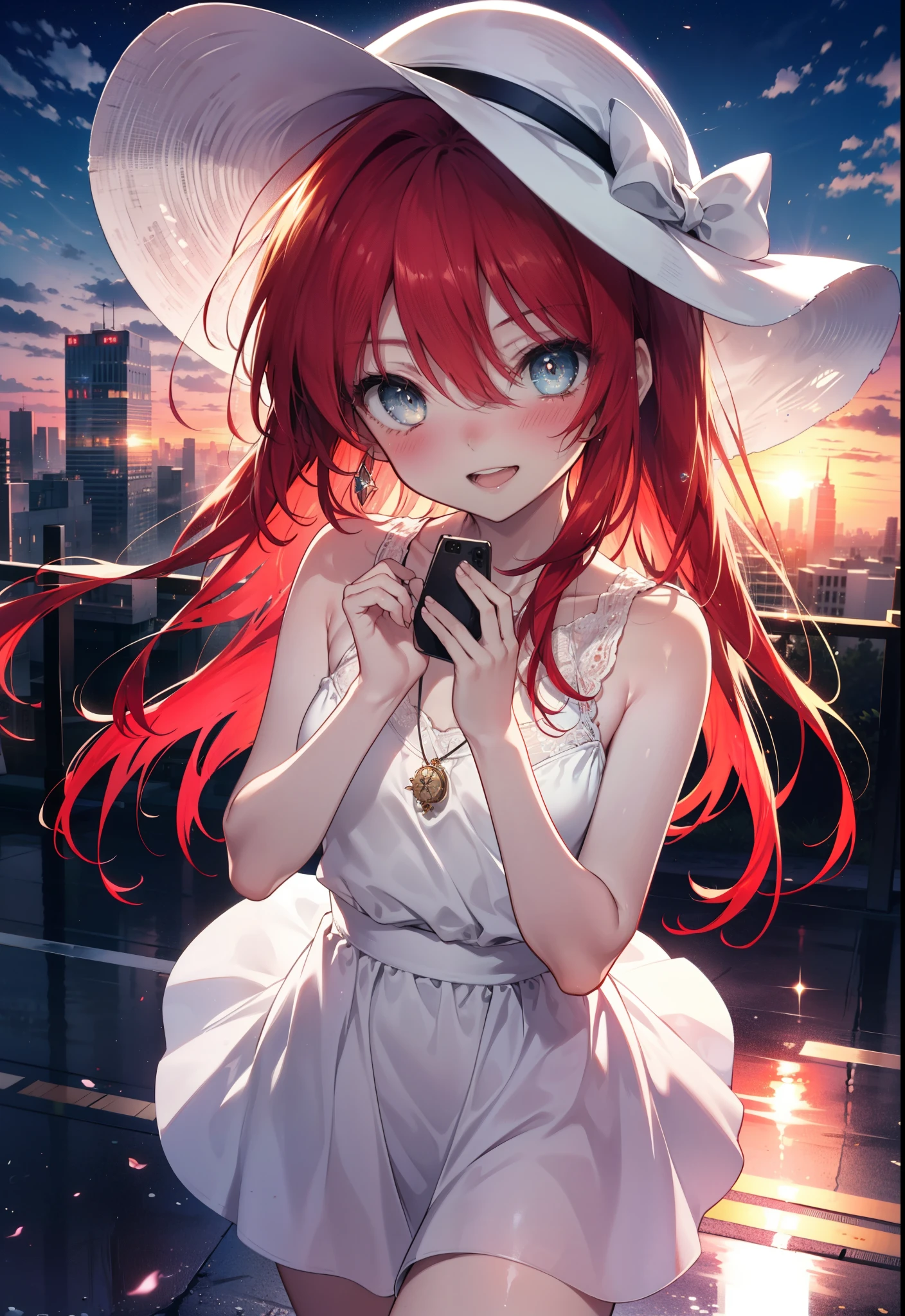 Shana,灼眼のShana,Ahoge,Long Hair,Red hair, Red Eyes:1.5, Small breasts,smile,blush,Open your mouth,Sleeveless dress,Bare shoulders,bare clavicle,Bare neck,Rocket Pendant,White hat,Long skirt,Cute heeled sandals,Looking down from above,sunset,evening,The sun is setting,
break looking at viewer, (Cowboy Shot:1. 5)
break outdoors, City Street,Building district,
break (masterpiece:1.2), highest quality, High resolution, unity 8k wallpaper, (shape:0.8), (Fine and beautiful eyes:1.6), Highly detailed face, Perfect lighting, Highly detailed CG, (Perfect hands, Perfect Anatomy),