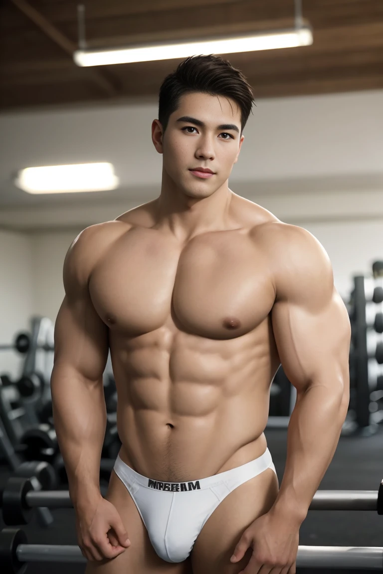 masterpiece, best quality, high resolution, actual, Handsome, Photogenic, pattern, SFW,  Photos of the fitness fraternity 35 years ago (man:1.2) portrait, Standing in the gym , Do military news, weight, Astonishing , Short flat head,stubble , (muscular),Swelling of chest muscles，Looking at the audience, Flirting with the camera, charming, (naked ),Ultra-thin tight thong，(Big bag highlights)，(GS positive:1), 8K Ultra HD