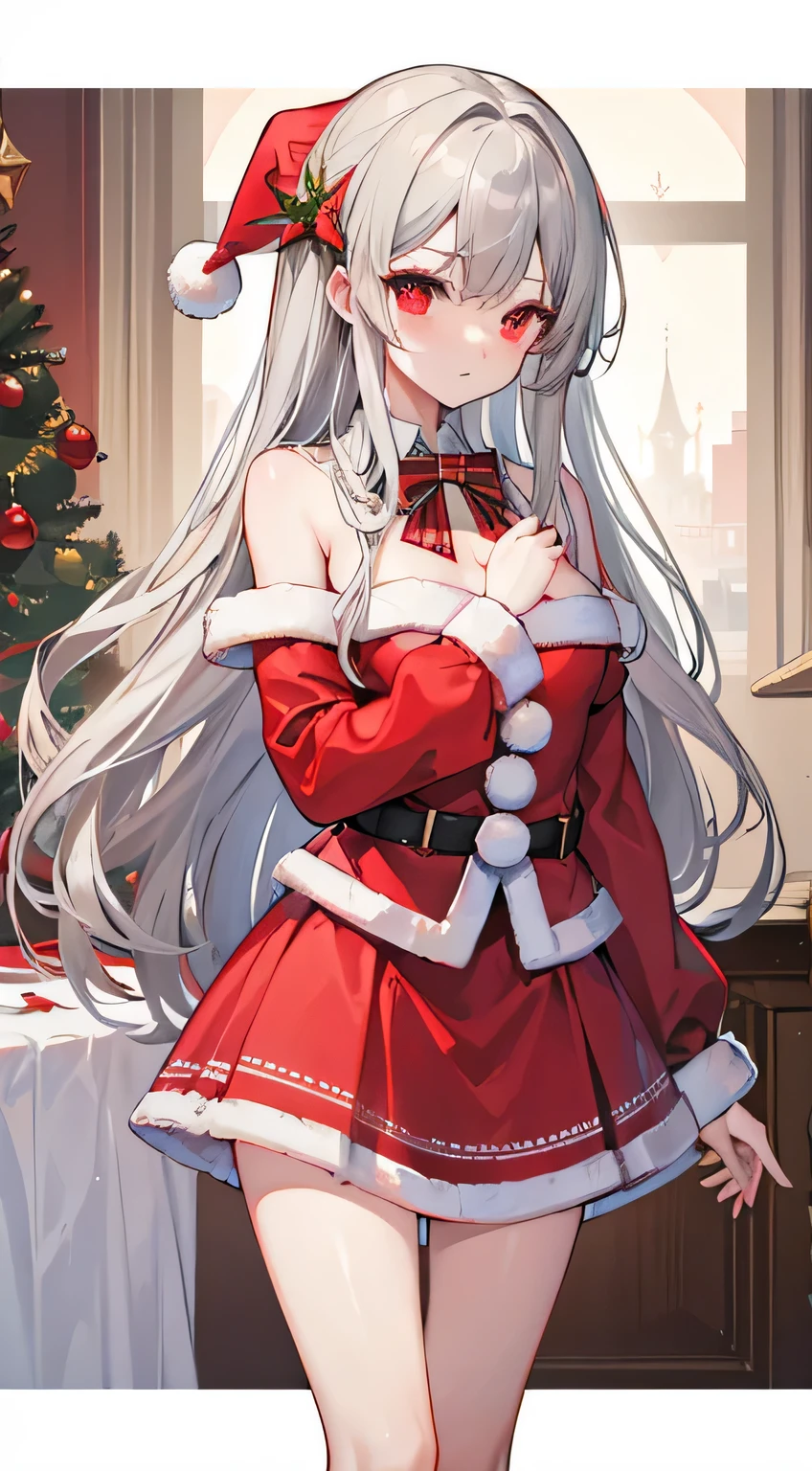 high quality, masterpiece, Very detailed,Long Hair, beautiful girl,Gray Hair,Red eyes,Santa costume,Embarrassing,chest,Short skirt,Soil pipes