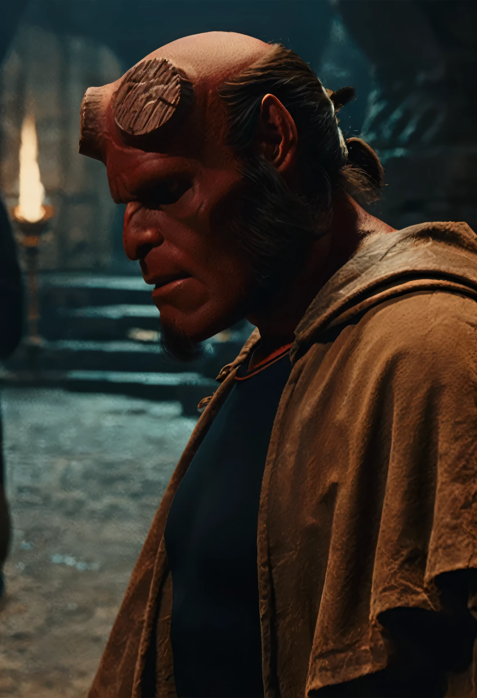 Close-up photo of h3llb0y man, inside a cave with ancient columns and engravings, darkness, dark theme, illuminated by torchlight, Cloak, black shirt