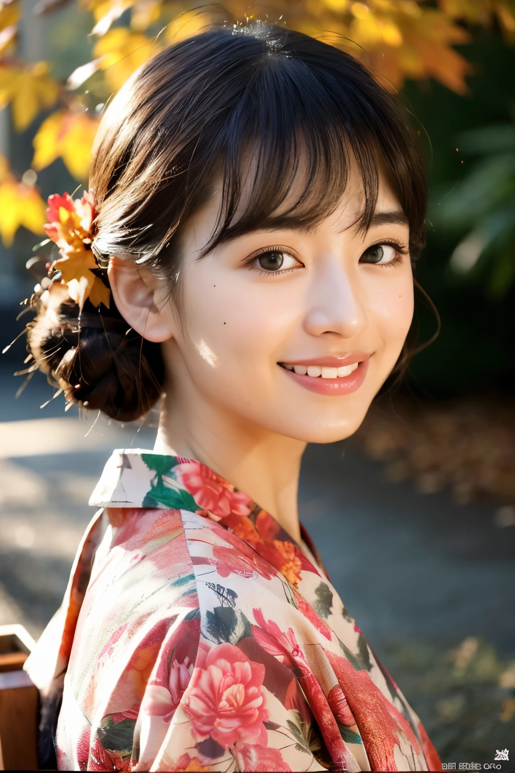 (realistic:1.3), rembrandt lighting, (masterpiece:1.2), (photorealistic:1.2), (best quality), (detailed skin:1.3), (intricate details), ray tracing,1girl, japanese girl, 21 years old, detailed skin texture, (blush:0.5), subsurface scattering, smiling, updo hair, bangs, hair between eyes, hair ornaments, kimono, floral print, wearing edgJF_kimono, seiza (bright sunny day, autumn setting, autumn trees and leaves, (zen garden:1.2)