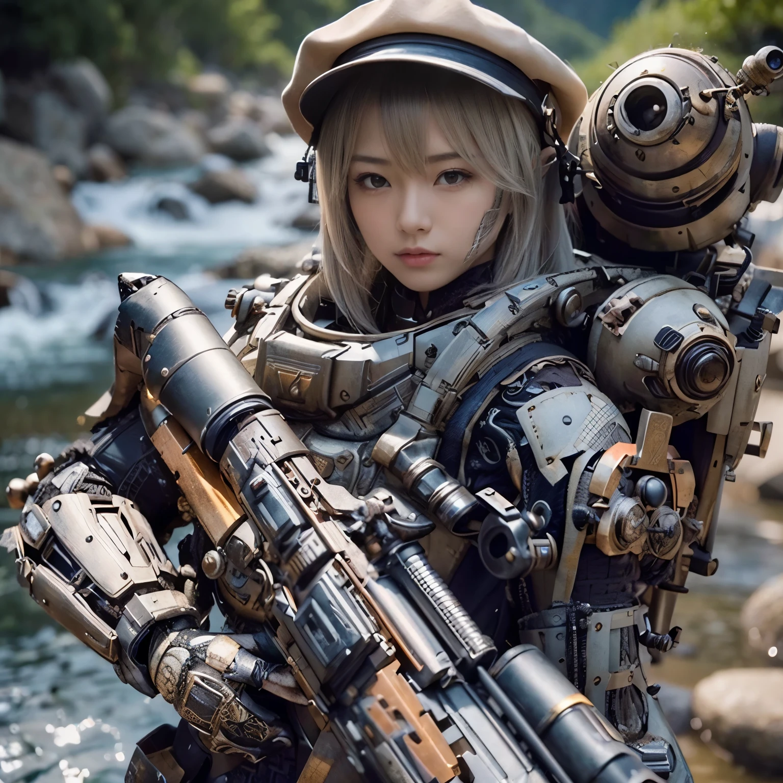 (masterpiece, best quality:1.2), (8k uhd, 16k, 32k, ultra high res), (photorealistic:1.37), (RAW photo), ultimate-realistic, ultimate-realistic details, ultimate-realistic texture, ultimate-intricate details, ultimate-realistic lighting, ultimate-realistic shadow, japanese girl, ultimate-cute face, ultimate-RAW skin, ultimate-realistic eyes, A pretty woman wearing a samurai armor type powered suit, mechanical, extremely intricate details, full body shot, ultimate photorealistic