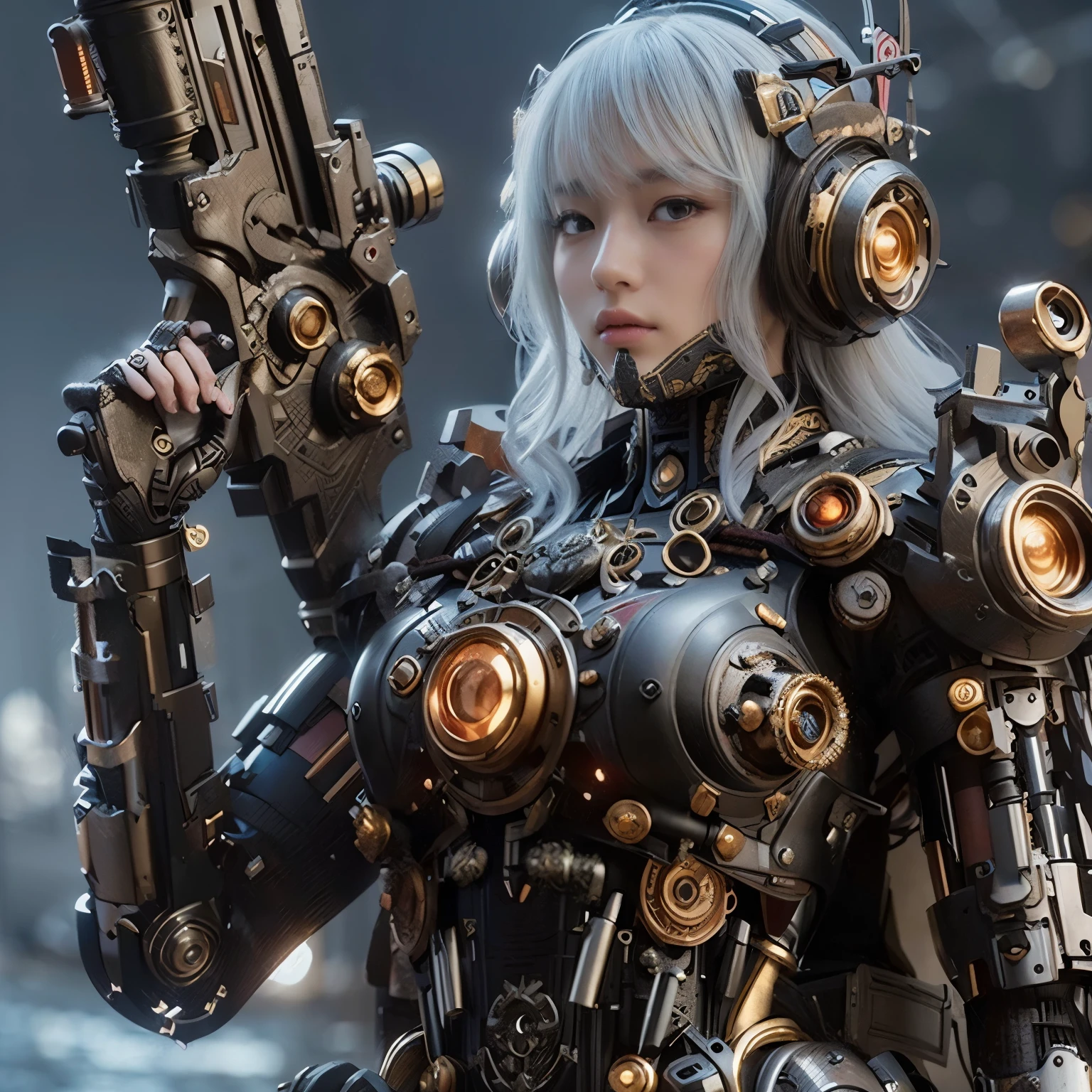 (masterpiece, best quality:1.2), (8k uhd, 16k, 32k, ultra high res), (photorealistic:1.37), (RAW photo), ultimate-realistic, ultimate-realistic details, ultimate-realistic texture, ultimate-intricate details, ultimate-realistic lighting, ultimate-realistic shadow, japanese girl, ultimate-cute face, ultimate-RAW skin, ultimate-realistic eyes, A pretty woman wearing a samurai armor type powered suit, mechanical, extremely intricate details, full body shot, ultimate photorealistic