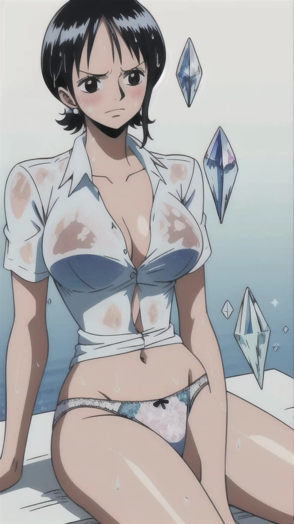 One woman,8k,, Black Hair,Wolf Cut, ,, Tashigi,, ((masterpiece)), ((highest quality)), (((sit))),((high resolution)),Very detailed, (See-through clothing),((Wet white shirt)),((Wet shirt)) ,((Troubled expression)),,(Upper Body),Perfect tummy,Perfect navel,((Slender body)),Dark Eyes,,((White lace panties)),((Slender body)), , Strong lighting, High resolution,,,(((((Crystal clear image quality))))), sit, alone,blush,, Glasses,