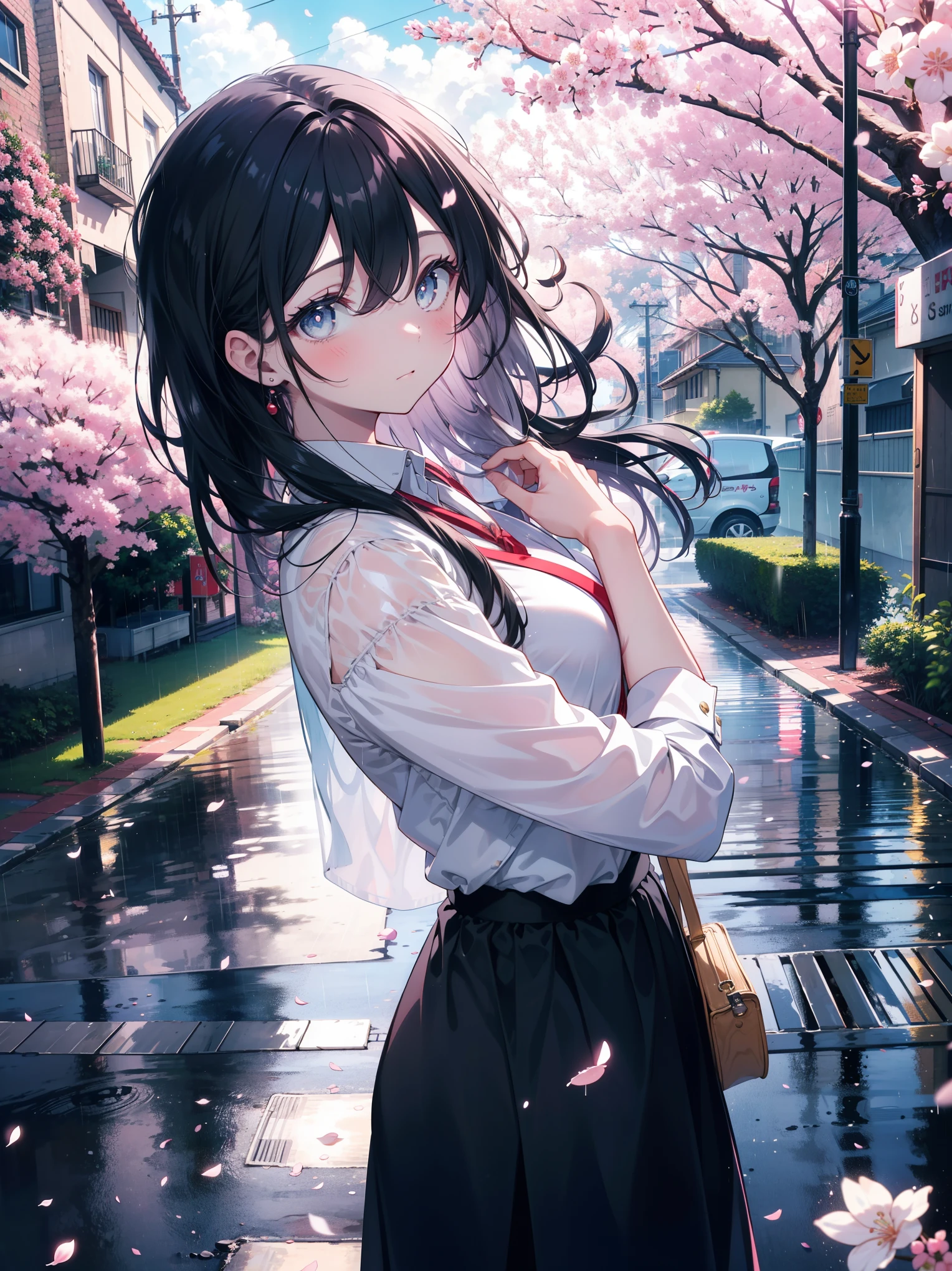 A girl，Long hair,Beautiful and delicate eyes，fluttering eyelashes，Solitary，on the street，There are cherry blossoms on the side of the road，Light rain in the sky，partly cloudy，Bright street view，The colors in the painting are bright and vibrant, Perfectly balanced tones，Ultra HD，Best quality，The award-winning，8K