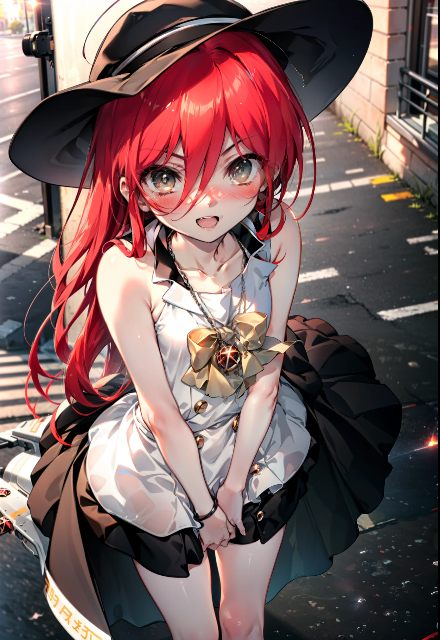 Shana,灼眼のShana,Ahoge,Long Hair,Red hair, Red Eyes:1.5, Small breasts,smile,blush,Open your mouth,Sleeveless dress,Bare shoulders,bare clavicle,Bare neck,Rocket Pendant,White hat,Long skirt,Cute heeled sandals,Looking down from above,sunset,evening,The sun is setting,
break looking at viewer, (Cowboy Shot:1. 5)
break outdoors, City Street,Building district,
break (masterpiece:1.2), highest quality, High resolution, unity 8k wallpaper, (shape:0.8), (Fine and beautiful eyes:1.6), Highly detailed face, Perfect lighting, Highly detailed CG, (Perfect hands, Perfect Anatomy),