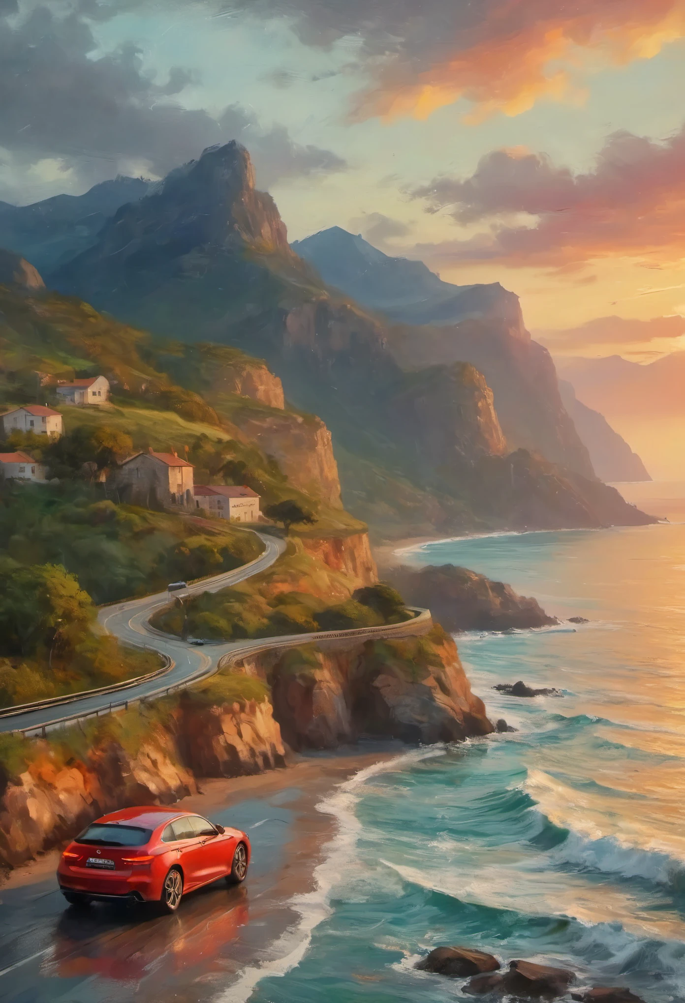 (best quality,4k,8k,highres,masterpiece:1.2),ultra-detailed,realistic,blue-painted coastal road, winding along the coastline,stormy weather,dramatic clouds,clear view of the ocean,crashing waves,deep blue water,rocky cliffs,green vegetation,seagulls flying by, car driving on the road,beautiful sunset,orange and pink hues,soft glowing sunlight,distant mountains,sense of tranquility and adventure,subtle reflections on the wet road,salty sea breeze,serene atmosphere,majestic scenery,open road ahead, and exploration.Minimalist journey,a red car