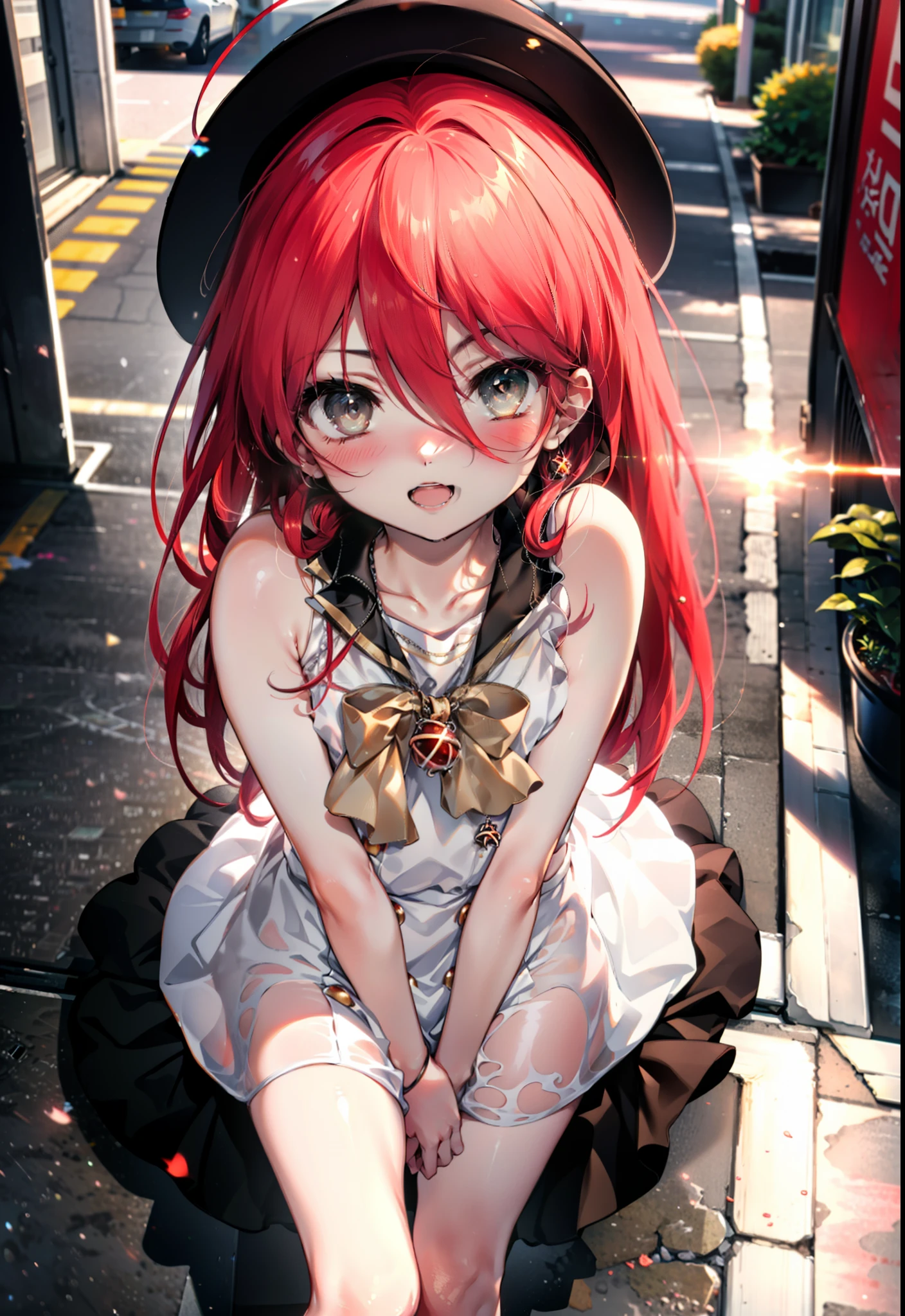 Shana,灼眼のShana,Ahoge,Long Hair,Red hair, Red Eyes:1.5, Small breasts,smile,blush,Open your mouth,Sleeveless dress,Bare shoulders,bare clavicle,Bare neck,Rocket Pendant,White hat,Long skirt,Cute heeled sandals,Looking down from above,sunset,evening,The sun is setting,
break looking at viewer, (Cowboy Shot:1. 5)
break outdoors, City Street,Building district,
break (masterpiece:1.2), highest quality, High resolution, unity 8k wallpaper, (shape:0.8), (Fine and beautiful eyes:1.6), Highly detailed face, Perfect lighting, Highly detailed CG, (Perfect hands, Perfect Anatomy),