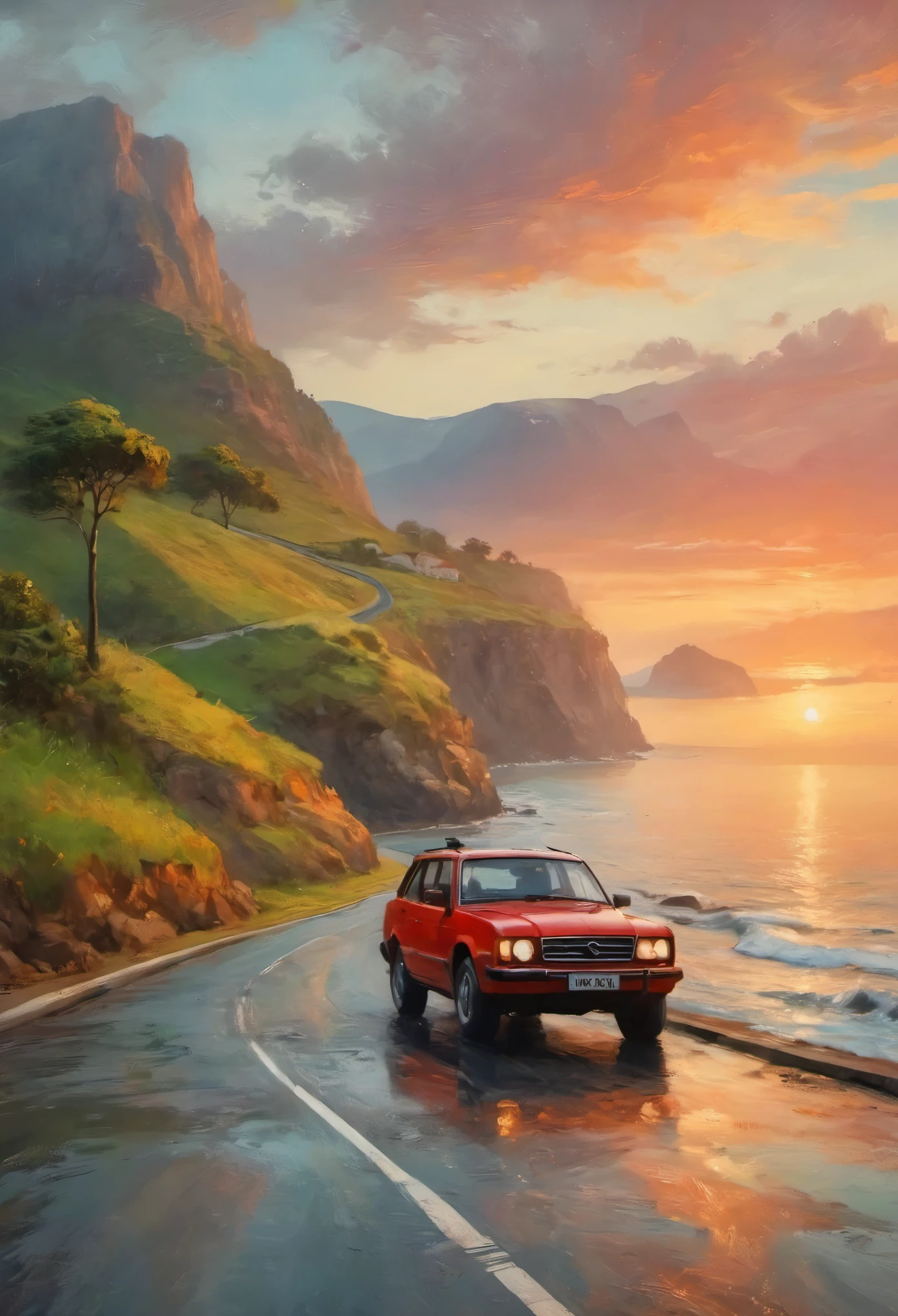 (best quality,4k,8k,highres,masterpiece:1.2),ultra-detailed,realistic,blue-painted coastal road, winding along the coastline,stormy weather,dramatic clouds,clear view of the ocean,crashing waves,deep blue water,rocky cliffs,green vegetation,seagulls flying by, car driving on the road,beautiful sunset,orange and pink hues,soft glowing sunlight,distant mountains,sense of tranquility and adventure,subtle reflections on the wet road,salty sea breeze,serene atmosphere,majestic scenery,open road ahead,  and exploration.Minimalist journey，a red car