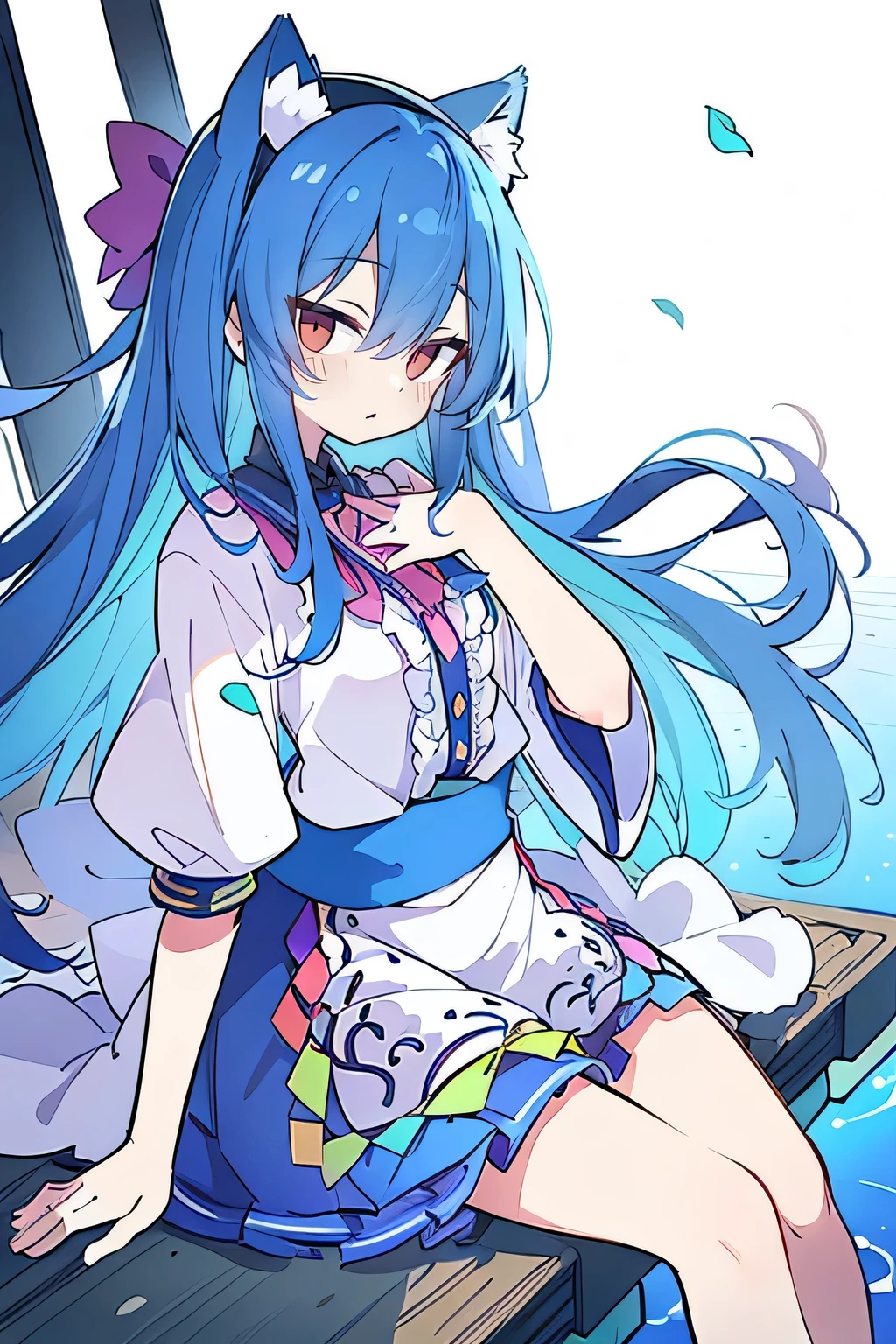 (masterpiece:1.2),ultra-detailed,realistic,expressive eyes,fair-skinned,perfectly shaped face,1girl,
Japanese cartoons,Gorgeous blue hair, flowing blue hair,floating clothes,cat ears,petals falling,beautiful Lola,Hina Angel,
hands on waist,gracefully sitting on the ground,legs crossed,gentle and serene background,cool and comfortable pavilion.