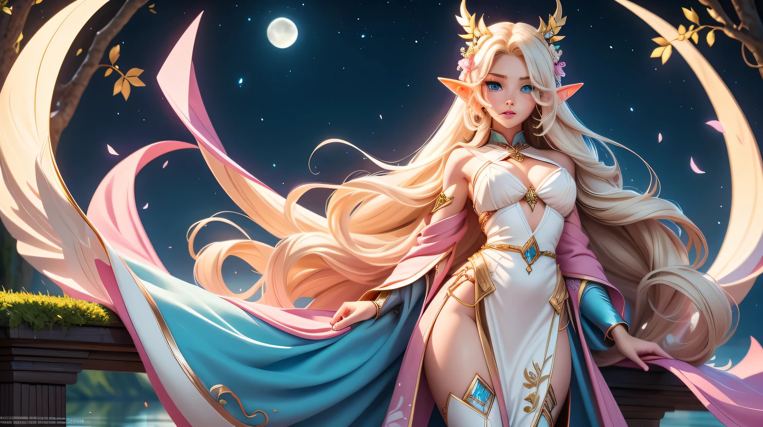 Beautiful female elf wirh long hairy pointy ears beautiful blue eyes and golden hair dressed in ligh open pink and white robe with transpaten vail parts standing near the nightly forest lake and talking with wind spirits , moon reflection in the lake, High quality anime art , ultra high quality fantasy art, masterpiece, full body figure character, ultra highquality character design, 8k quality anime art, top quality wallpaper illustration, detailed high quality face, highquality design and acurate physcs
