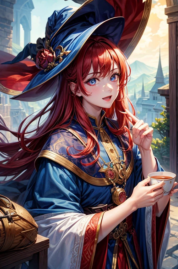 masterpiece, best quality, Wizard Tea , magic tea , magic, Red Cliff, Handsome witch, Very detailed and realistic eyes, Happy, Energetic, rich and colorful,