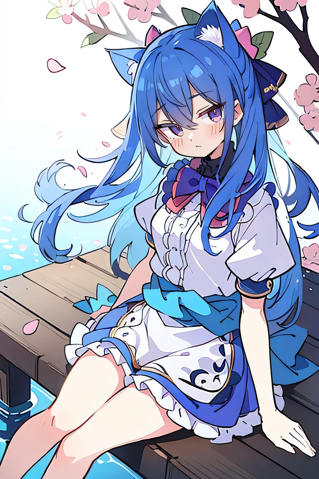 (masterpiece:1.2),ultra-detailed,realistic,expressive eyes,fair-skinned,perfectly shaped face,1girl,
Japanese cartoons,Gorgeous blue hair, flowing blue hair,floating clothes,cat ears,petals falling,beautiful Lola,Hina Angel,
hands on waist,gracefully sitting on the ground,legs crossed,gentle and serene background,cool and comfortable pavilion.