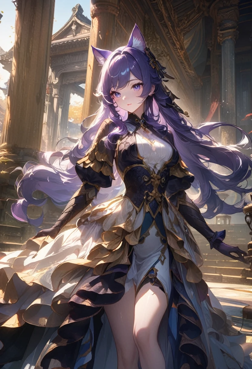 Anime girl, purple cat ears, long hair, beautiful clothes, guves style, 4K clarity, cgstation pop, Antique architecture, seductive girl, attractive, see genshin, anime style, 8K, beautiful anime woman, girl in front.