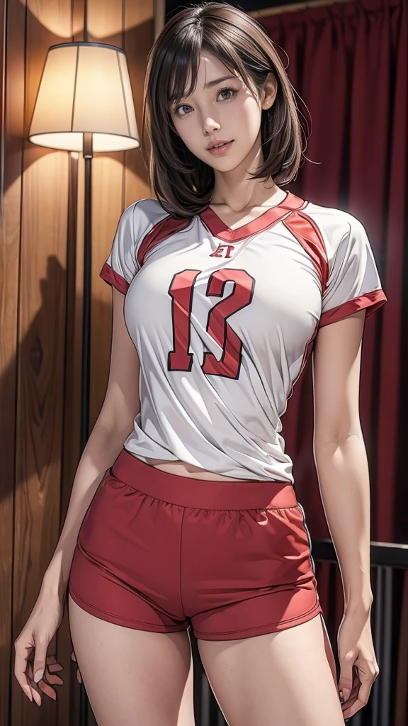 8k, RAW Photos, highest quality, masterpiece, Realistic, Photorealistic, (1 Ultimate beauty), 21 years old, Highly detailed face, (Perfect Teeth), Detailed eyes, double eyelid, eyelash, Grin, Lip details, brunette bob, Natural Breasts, ((sexy japan volleyball uniforms)), Soft Light, ((Written boundary depth)) 、Shot in the back、Total、Stick your butt out、With legs open、Slender body、Inverted nipples,