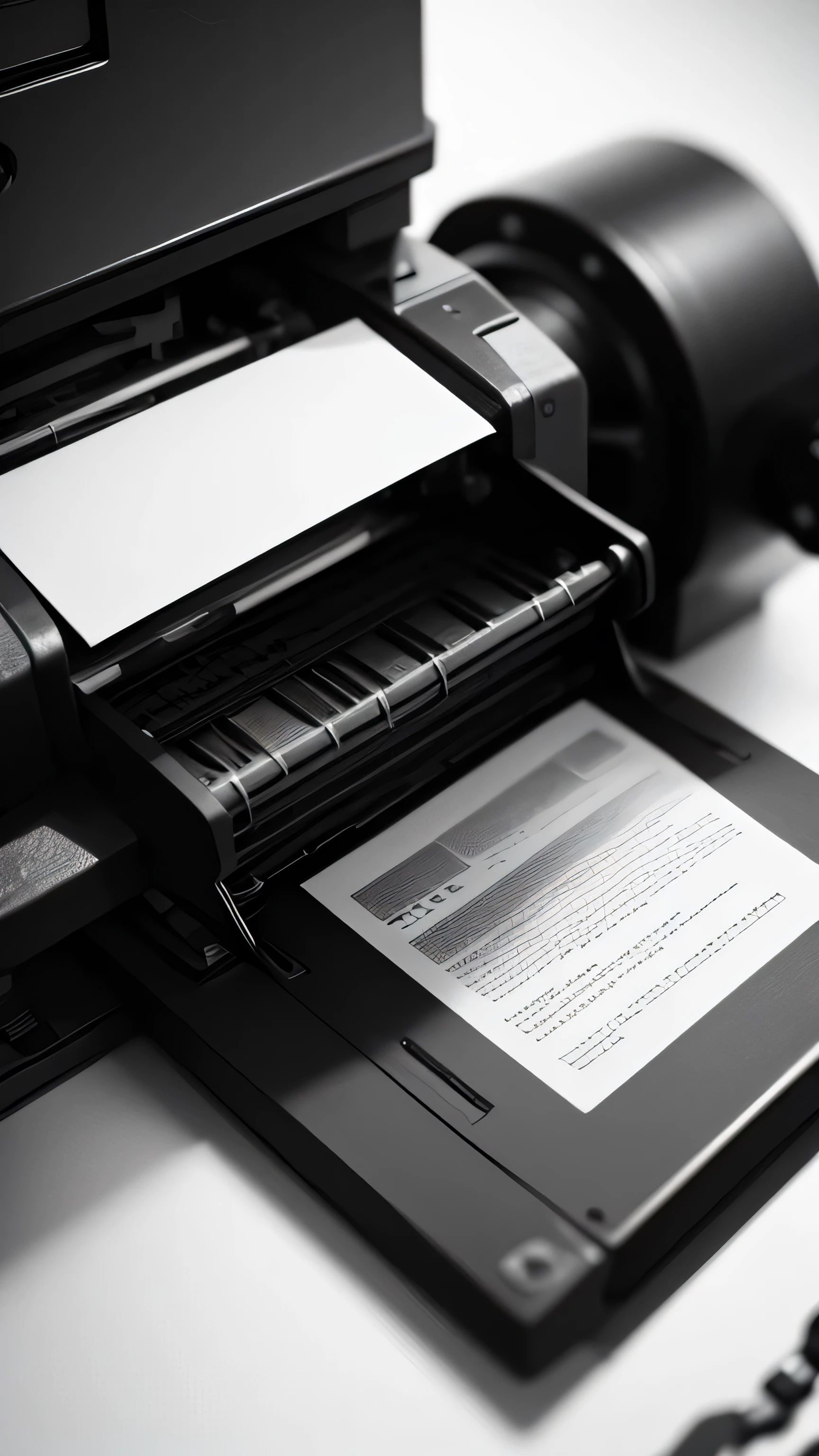 first printing machine, close up, blur, black white photo, 8k