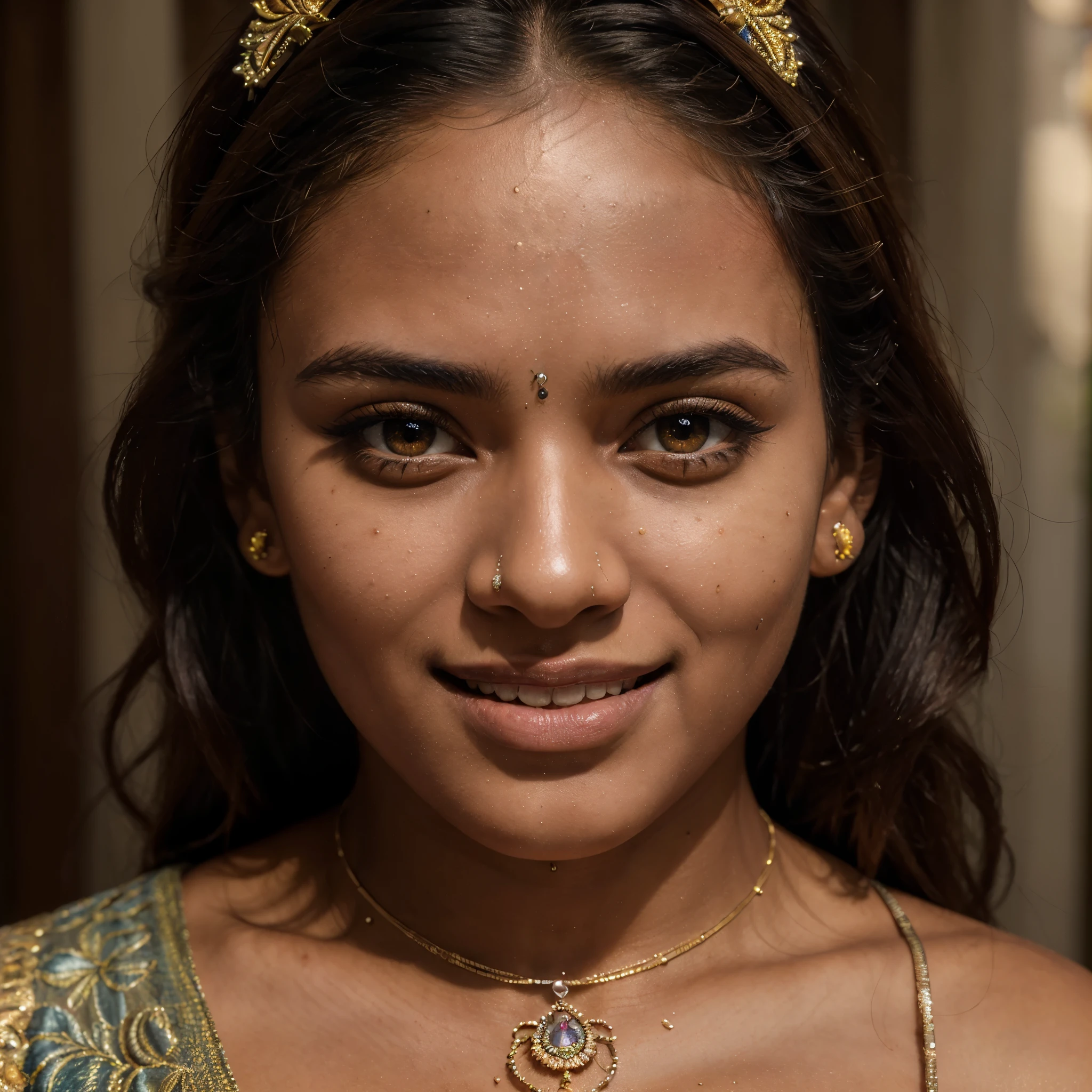 (high quality, masterpiece, HDR, 256K), (hyper-realistic, photorealism) 20 year old extremely beautiful Tamil girl, (intricate detailed extremely beautiful face, eyes, ears, nose, lips, textured skin), eyes symmetry, (bright smile)